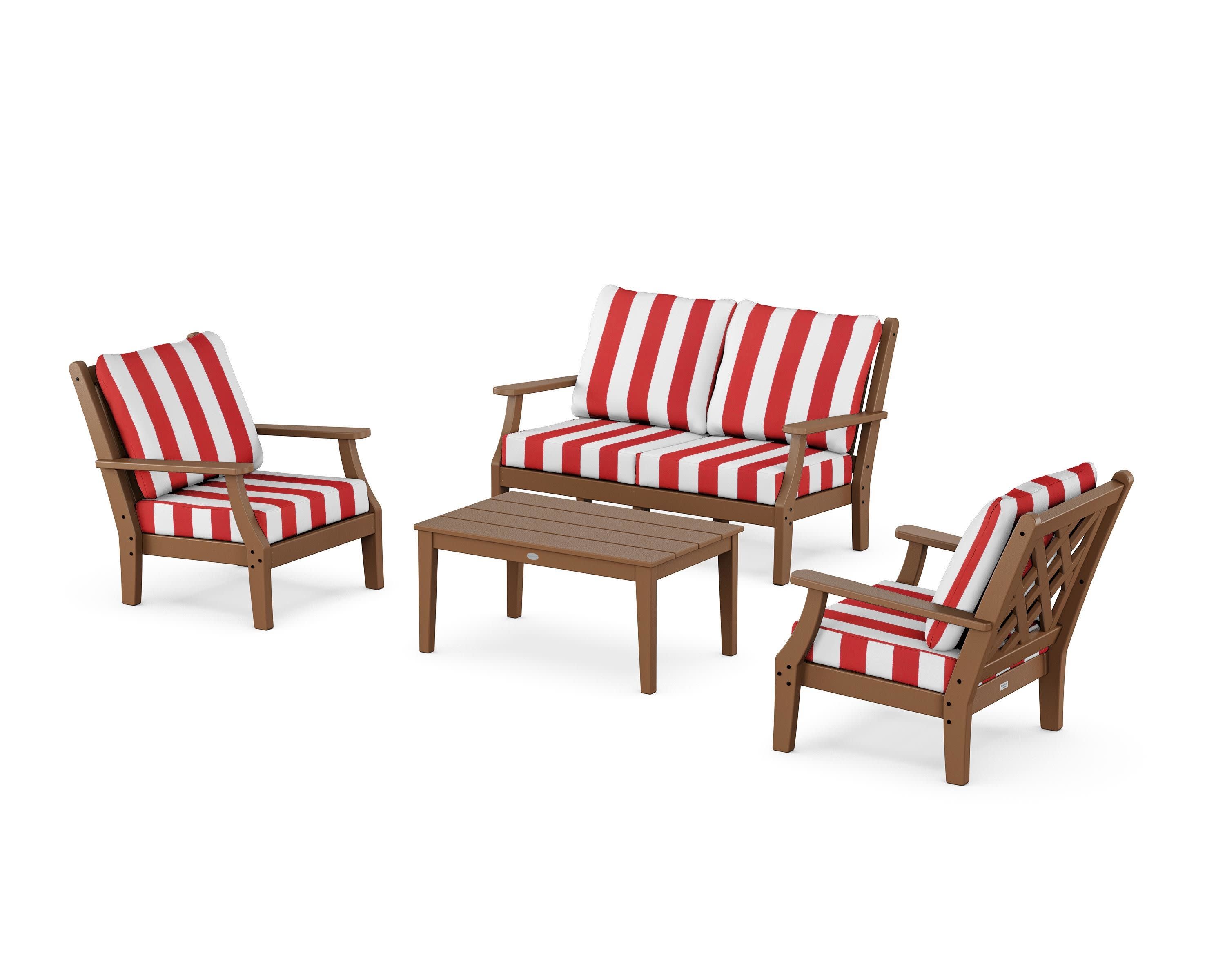 Wovendale 4-Piece Deep Seating Set with Loveseat in Teak / Cabana Stripe Crimson