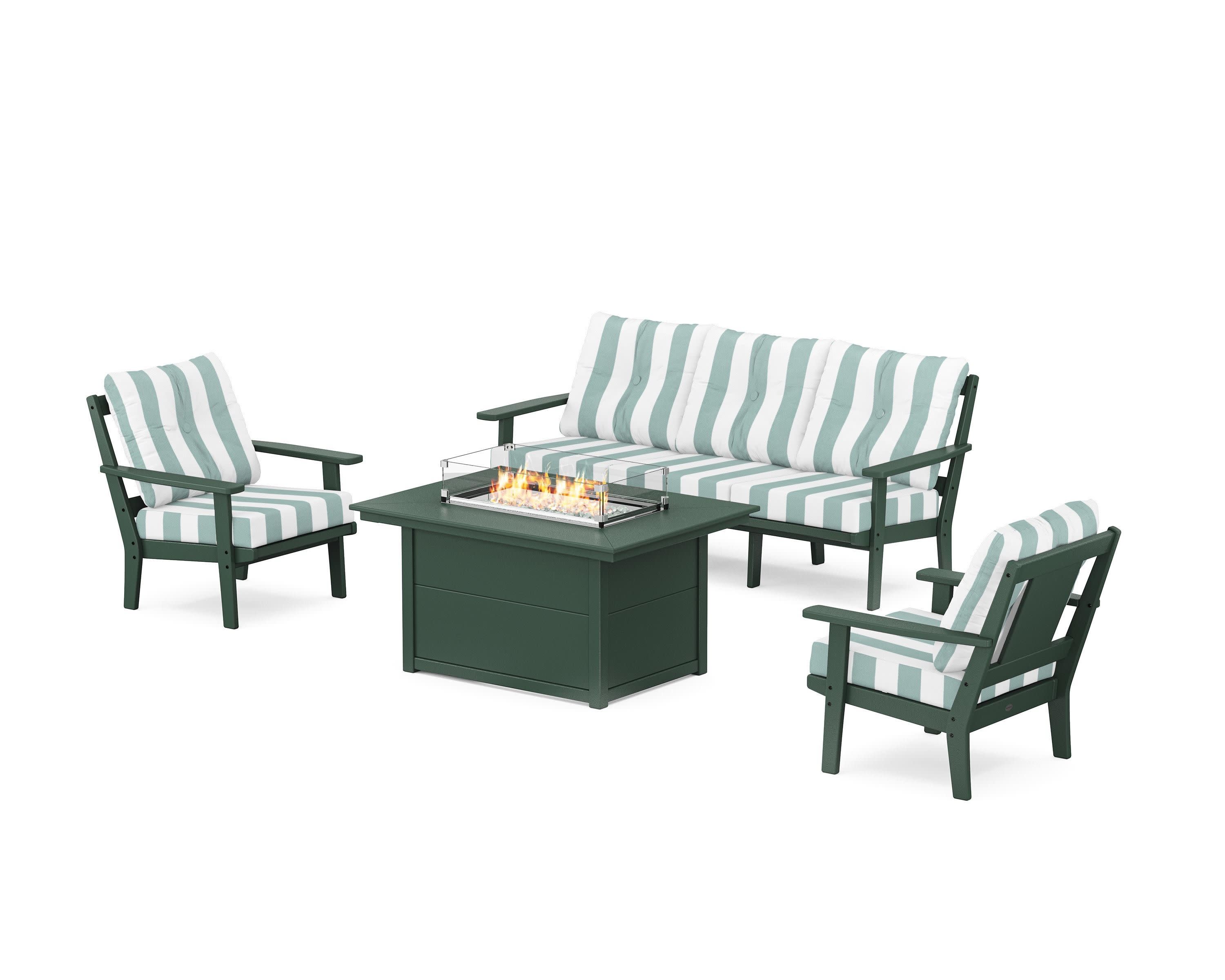 Prairie Deep Seating Fire Pit Table Set in Green / Cabana Stripe Glacier Spa
