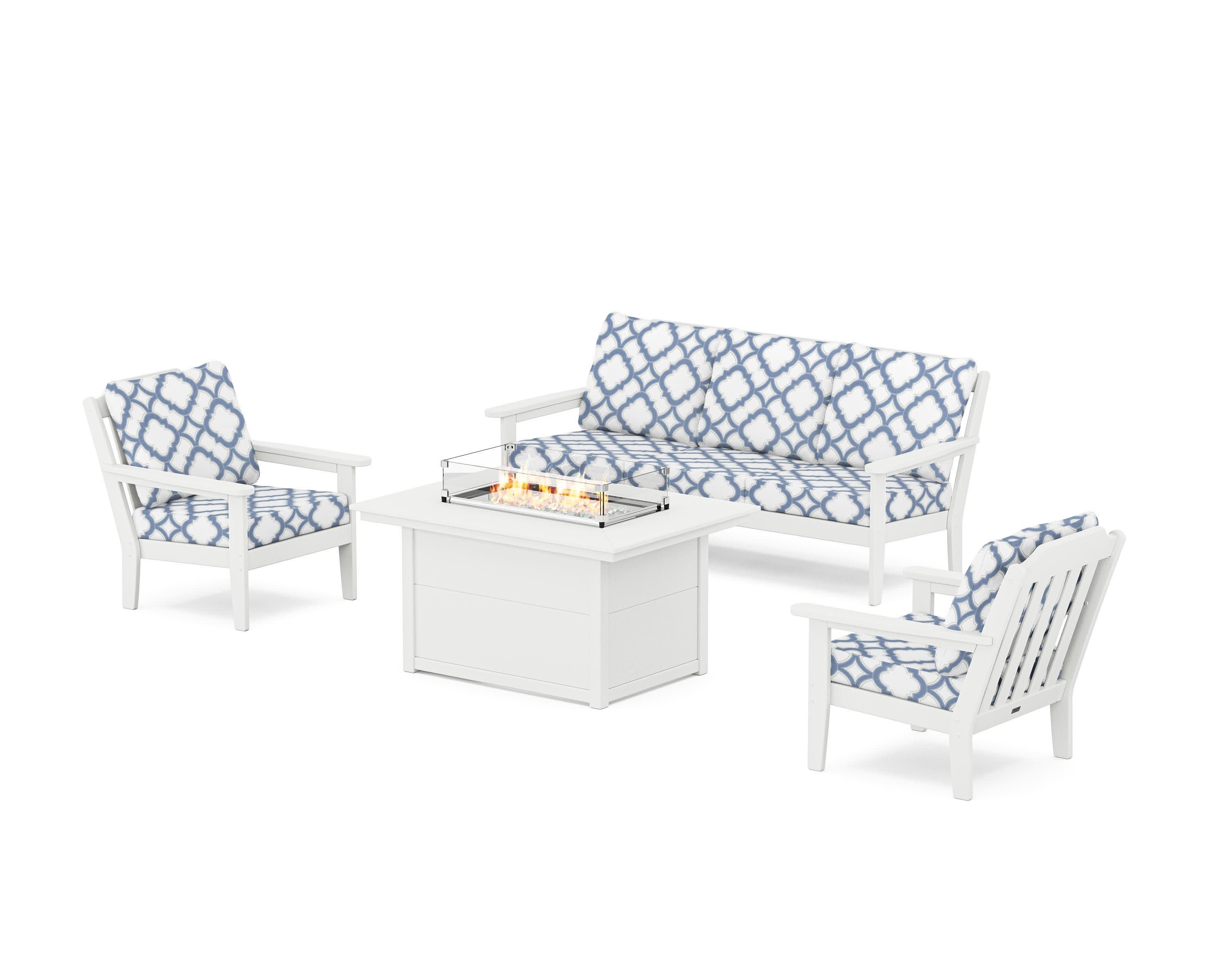 Cottage Deep Seating Fire Pit Table Set in White / Trellis Sky Blue