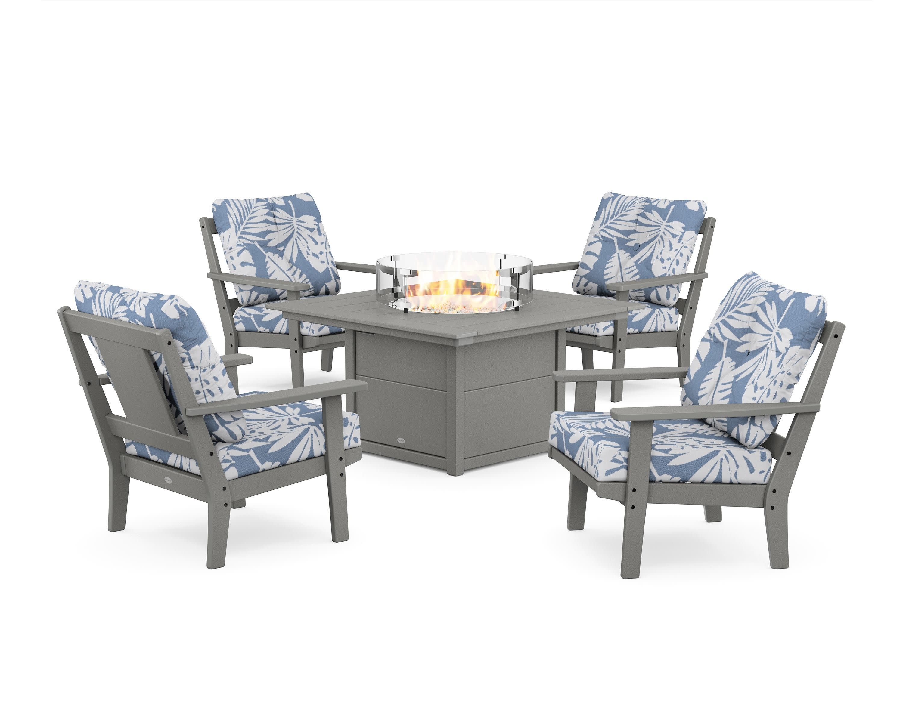 Prairie 5-Piece Deep Seating Set with Fire Pit Table in Slate Grey / Leaf Sky Blue