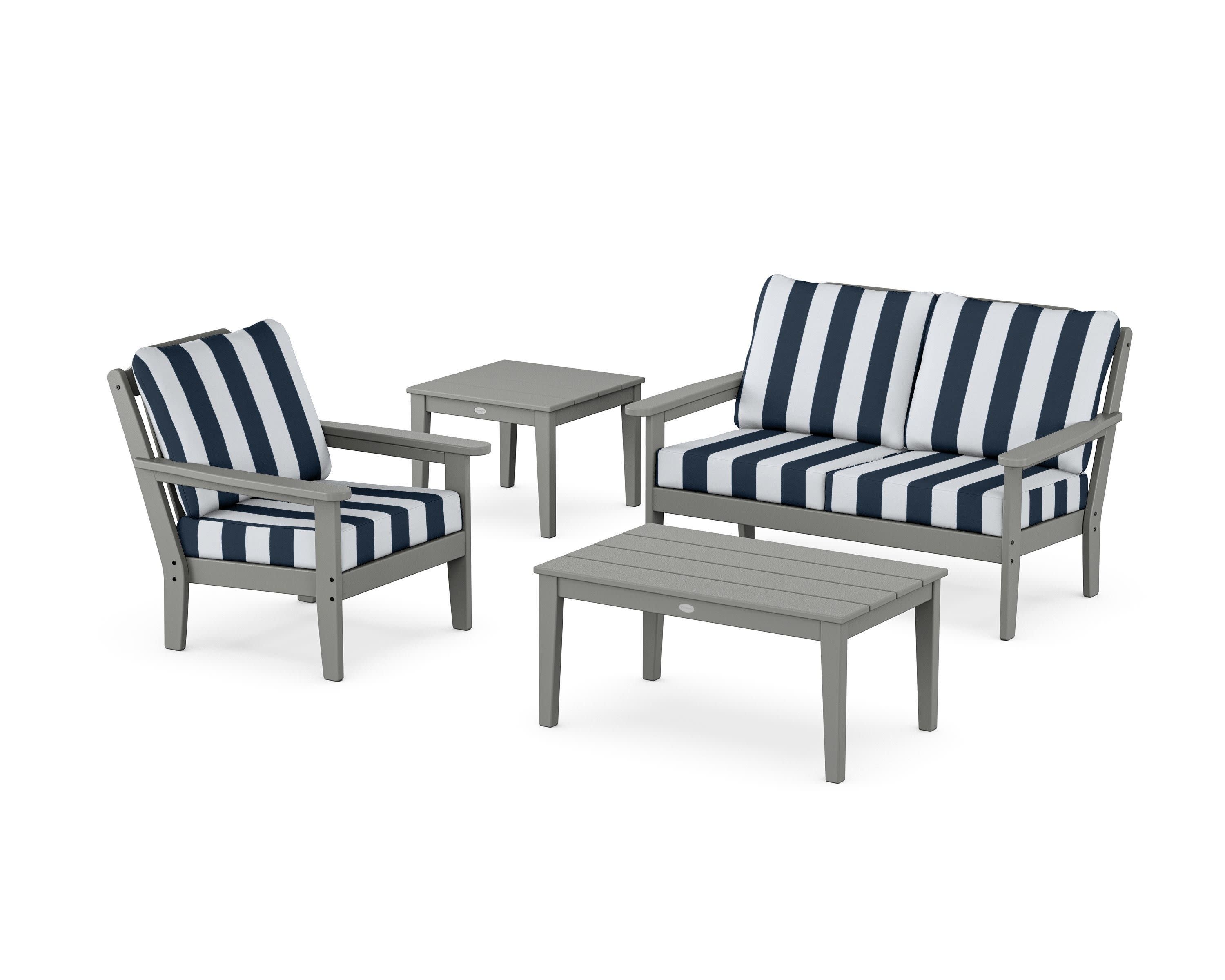 Wovendale 4-Piece Deep Seating Set in Slate Grey / Cabana Stripe Marine Indigo