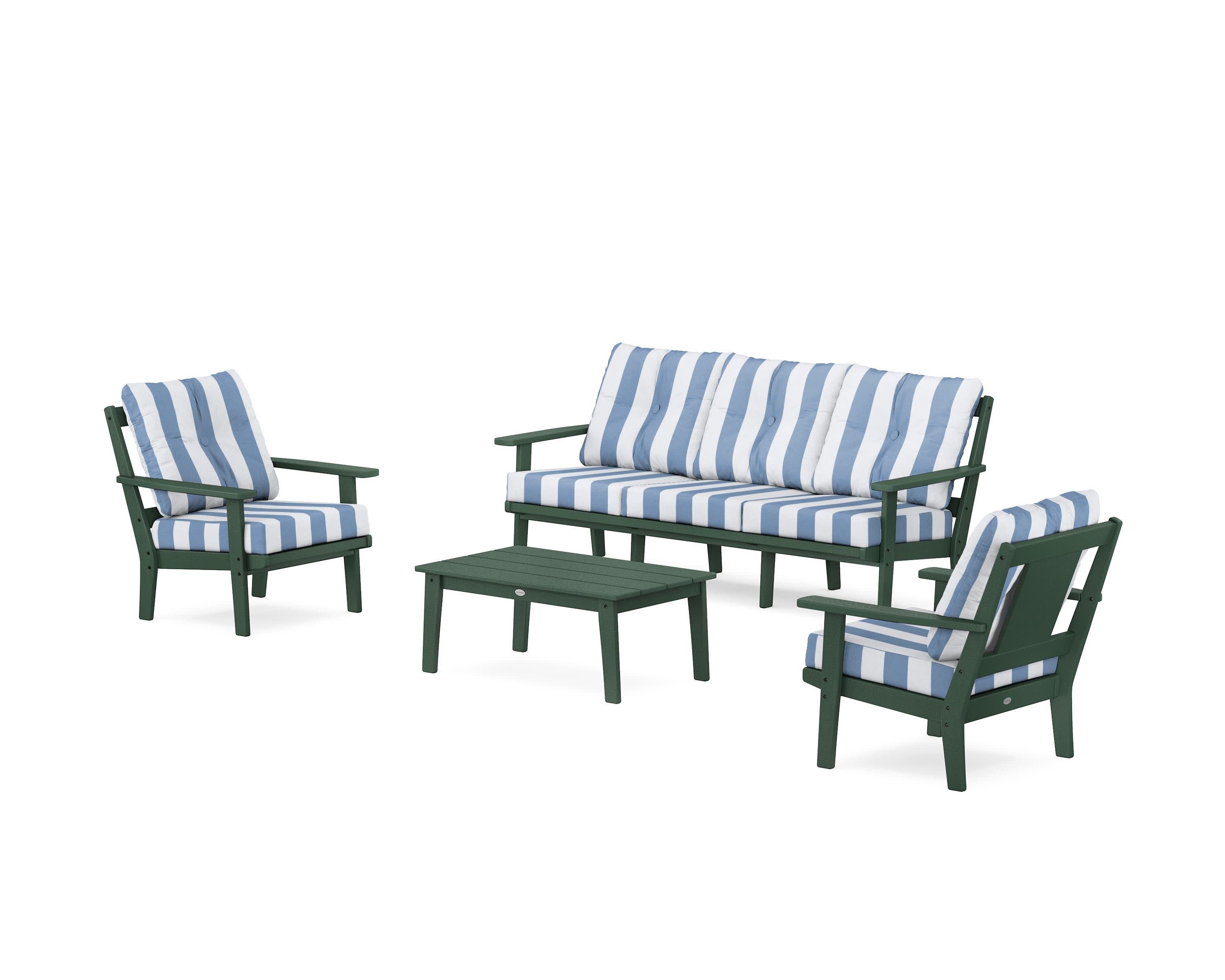 Prairie 4-Piece Deep Seating Set with Sofa in Green / Cabana Stripe Sky Blue