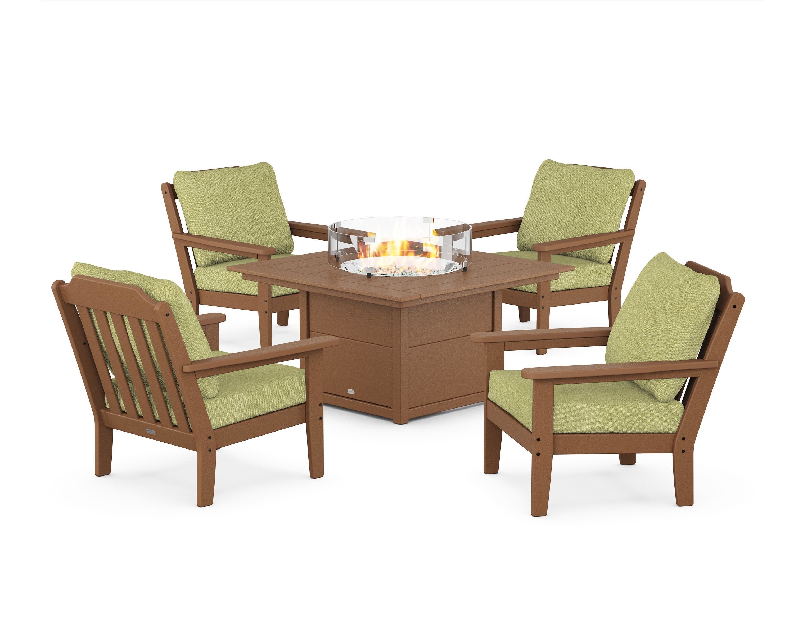 Cottage 5-Piece Deep Seating Set with Fire Pit Table in Teak / Chartreuse Boucle