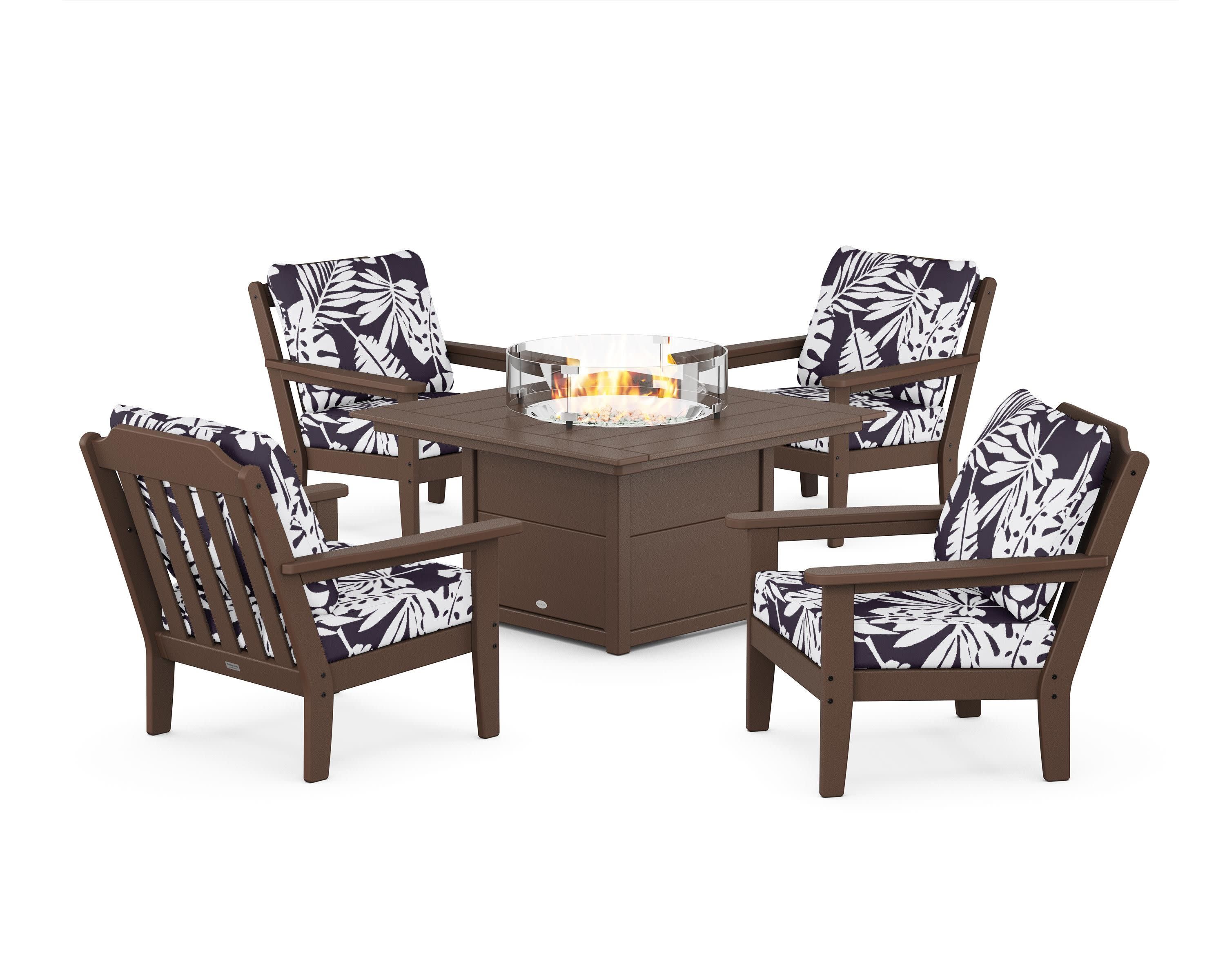 Cottage 5-Piece Deep Seating Set with Fire Pit Table in Mahogany / Leaf Navy