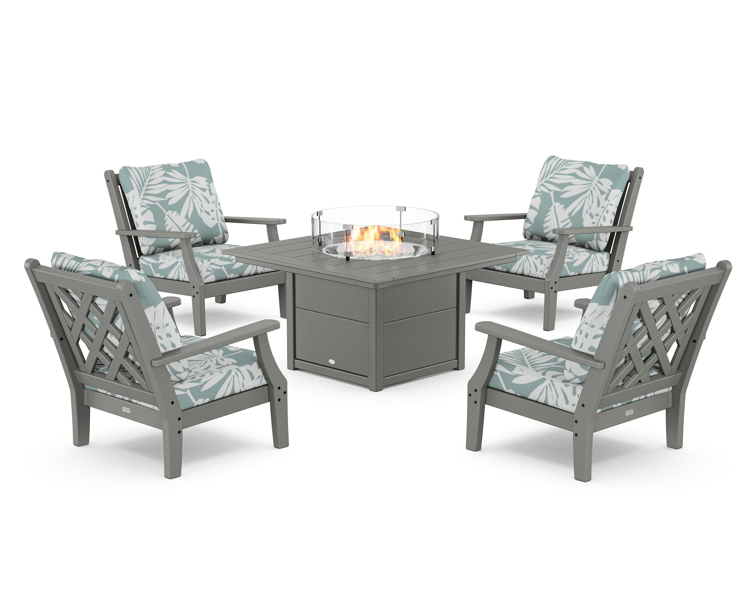 Wovendale 5-Piece Deep Seating Set with Fire Pit Table in Slate Grey / Leaf Glacier Spa