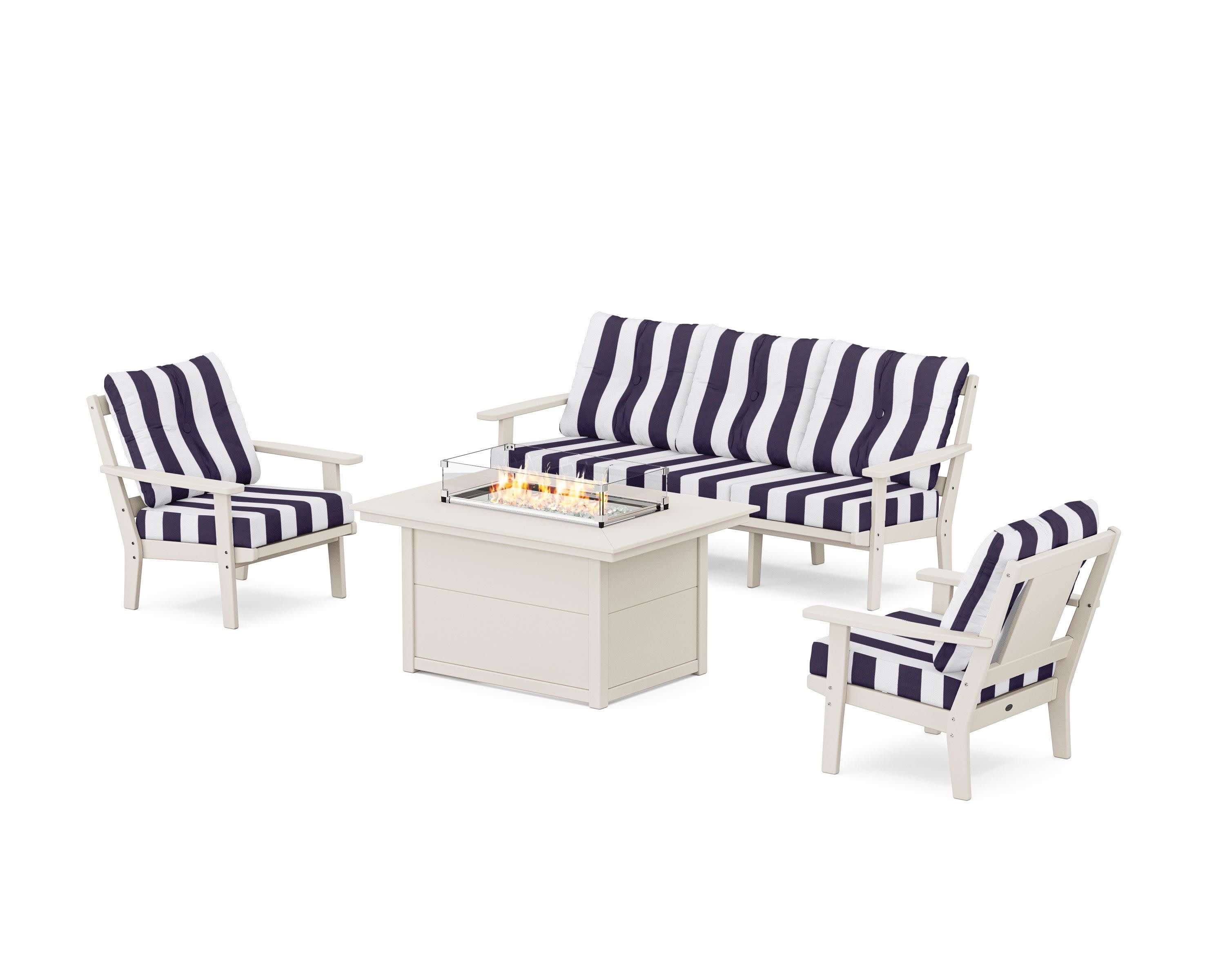 Prairie Deep Seating Fire Pit Table Set in Sand / Cabana Stripe Navy