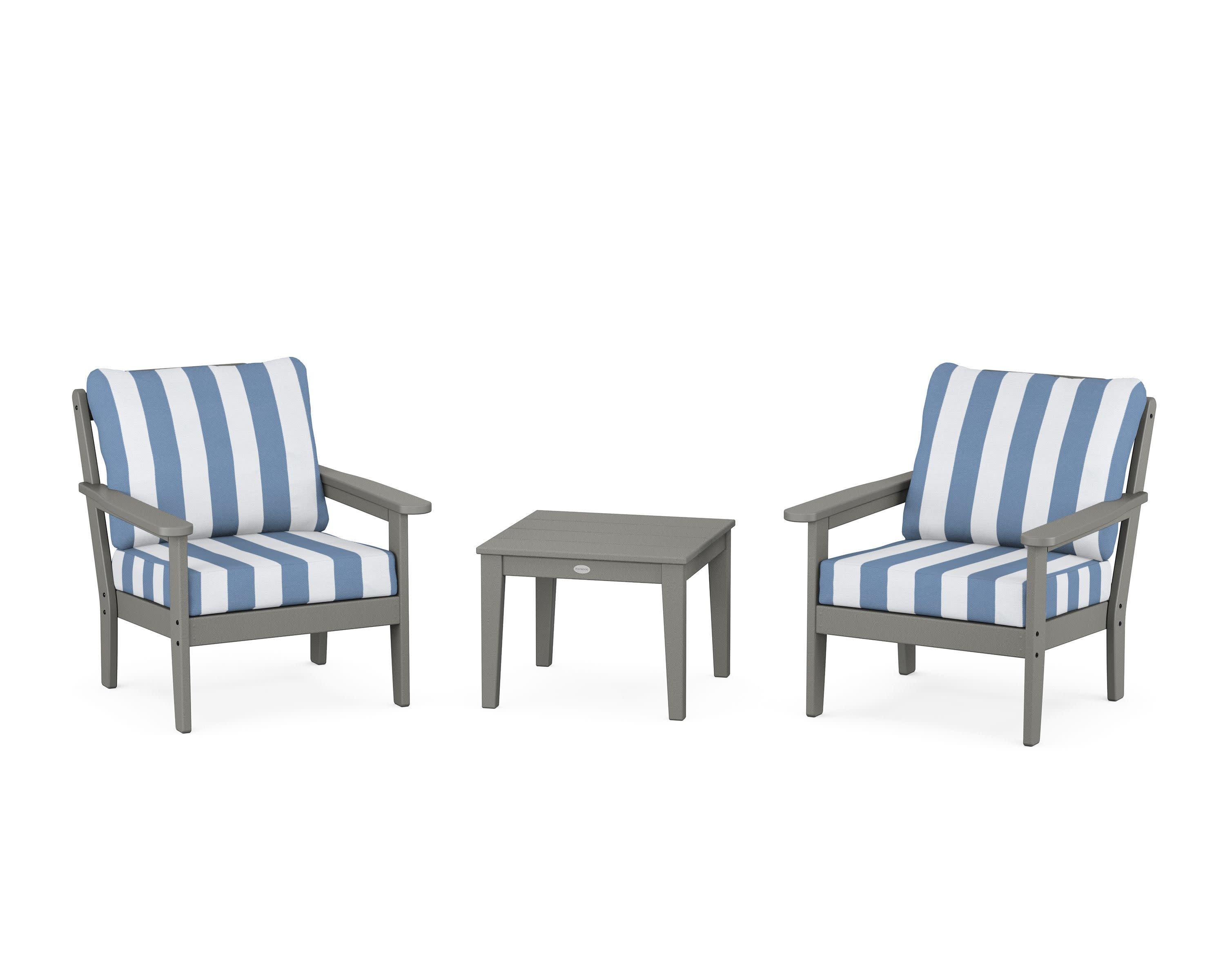 Cottage 3-Piece Deep Seating Set in Slate Grey / Cabana Stripe Sky Blue