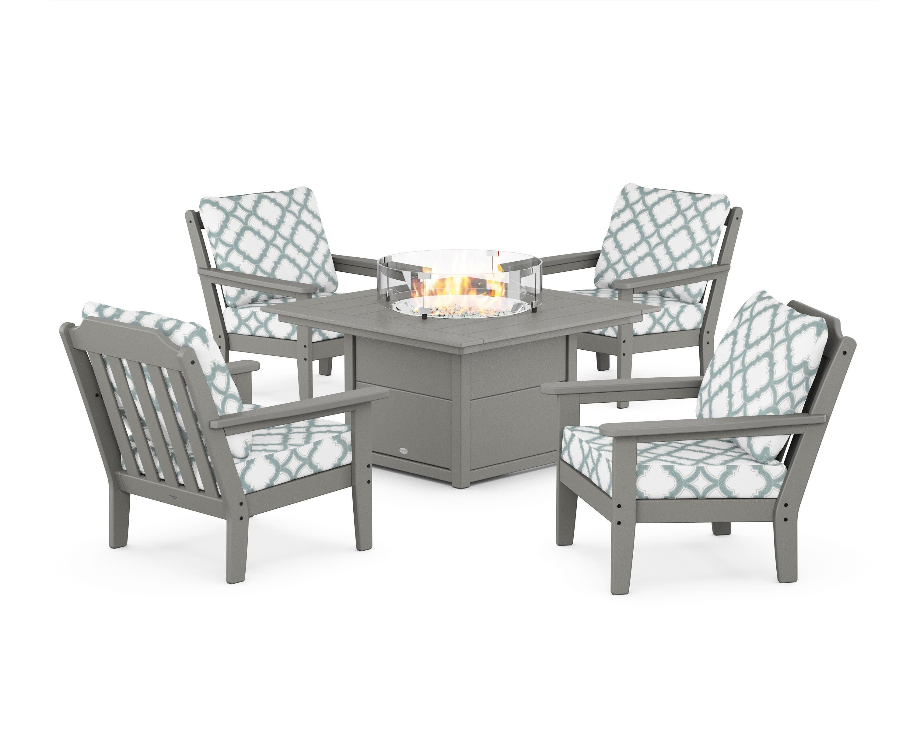 Cottage 5-Piece Deep Seating Set with Fire Pit Table in Slate Grey / Trellis Glacier Spa