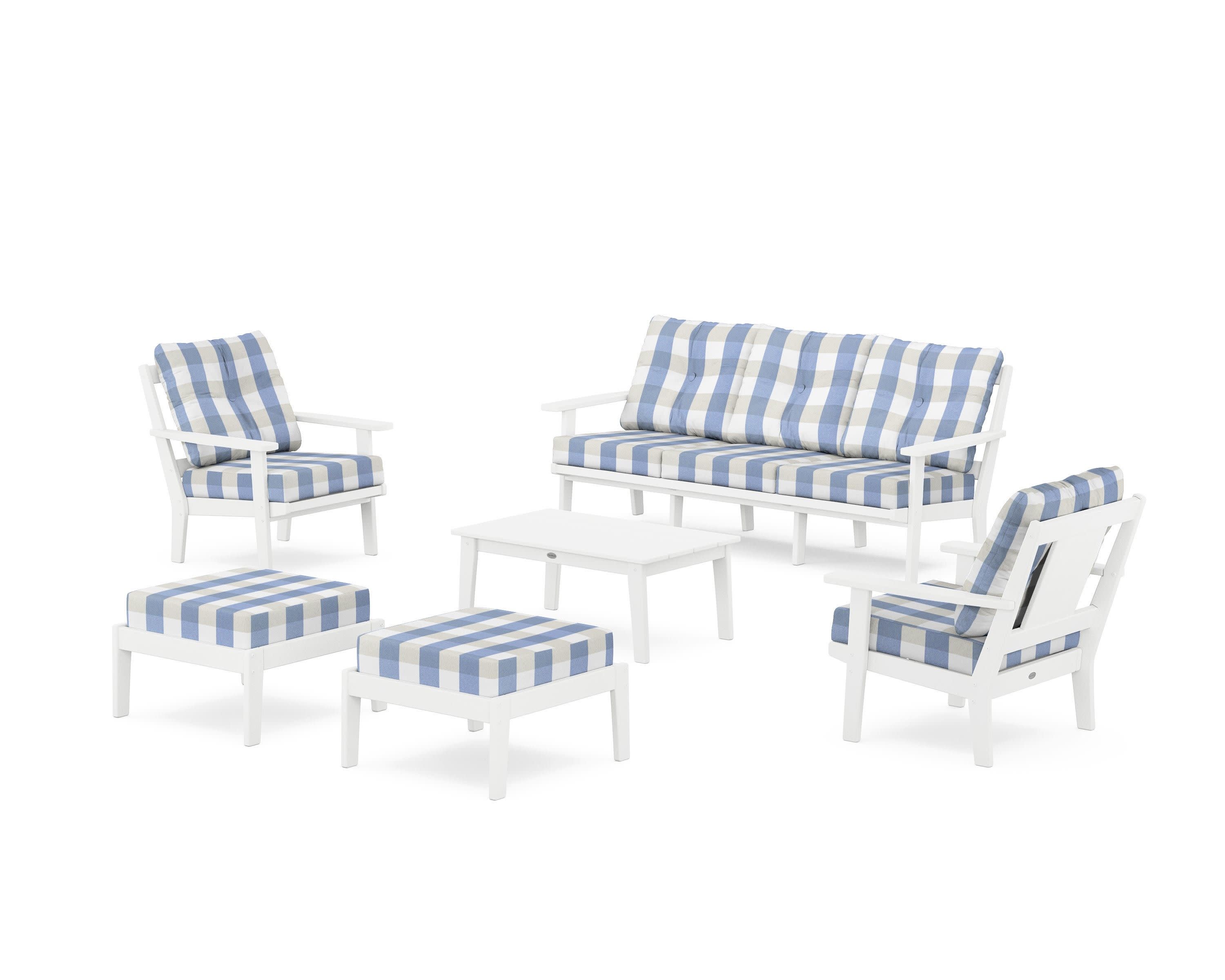 Prairie 6-Piece Lounge Sofa Set in White / Buffalo Plaid Sky Blue
