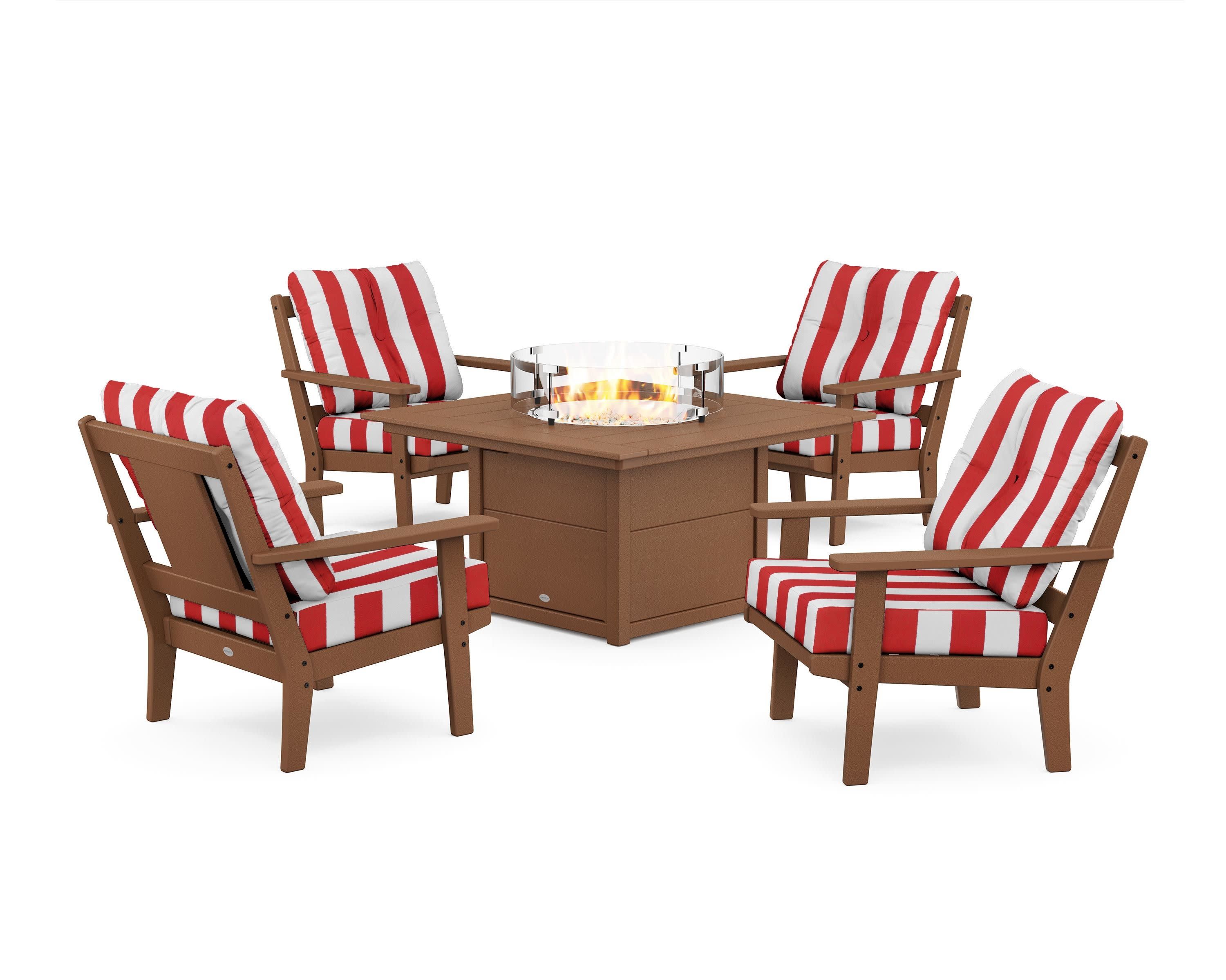 Prairie 5-Piece Deep Seating Set with Fire Pit Table in Teak / Cabana Stripe Crimson