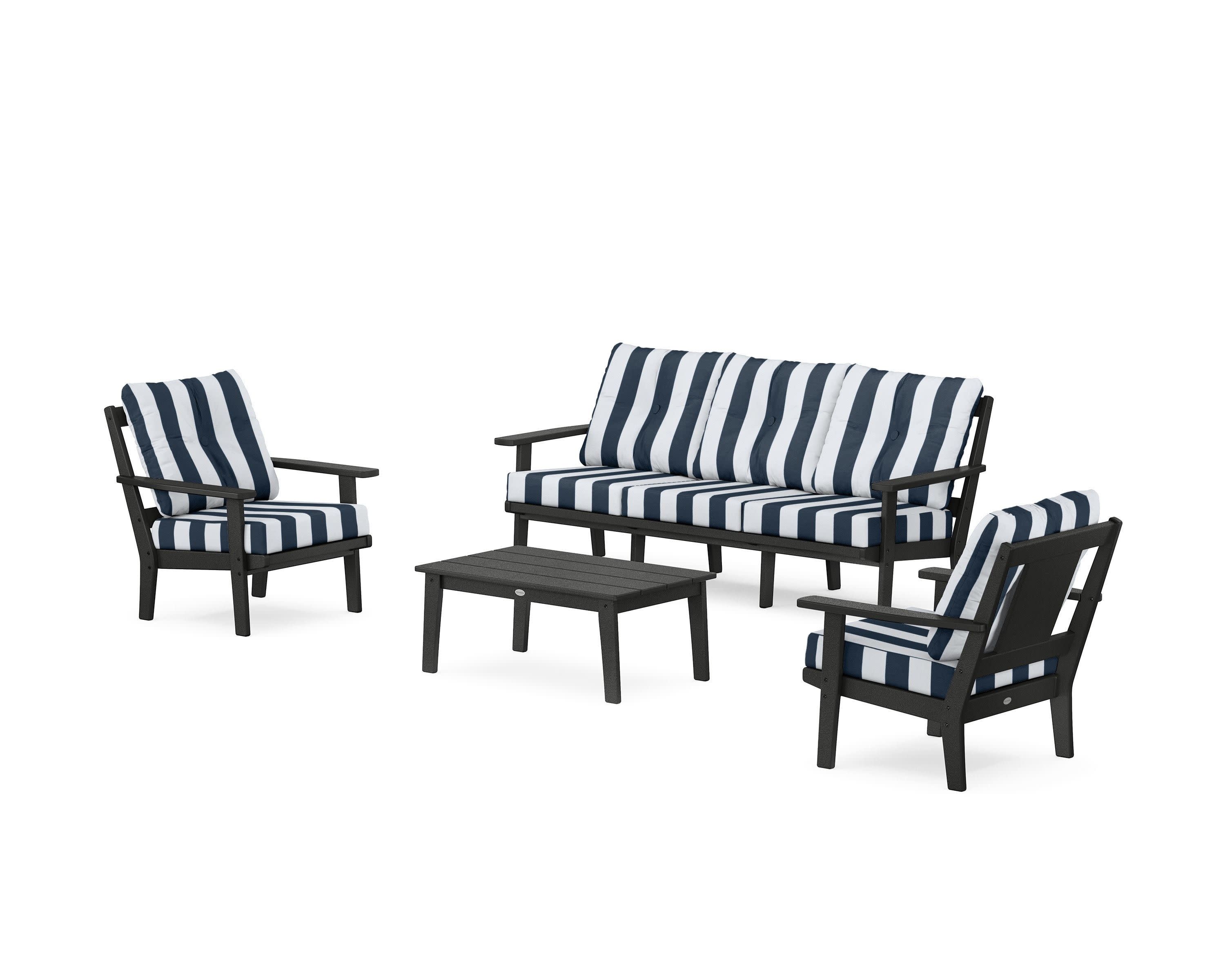 Prairie 4-Piece Deep Seating Set with Sofa in Black / Cabana Stripe Marine Indigo