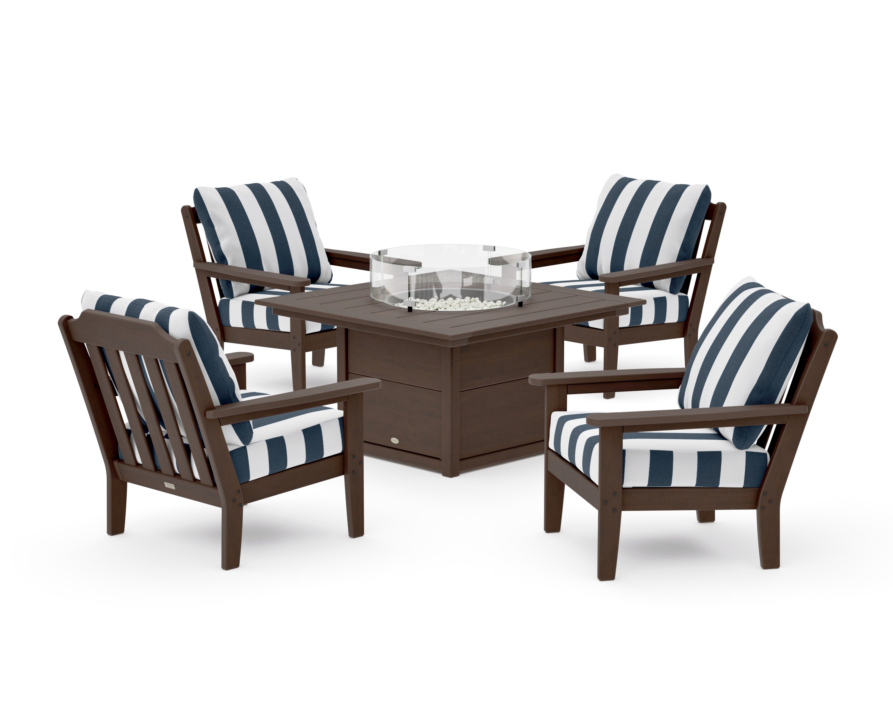 Cottage 5-Piece Deep Seating Set with Fire Pit Table in Kona / Cabana Stripe Marine Indigo