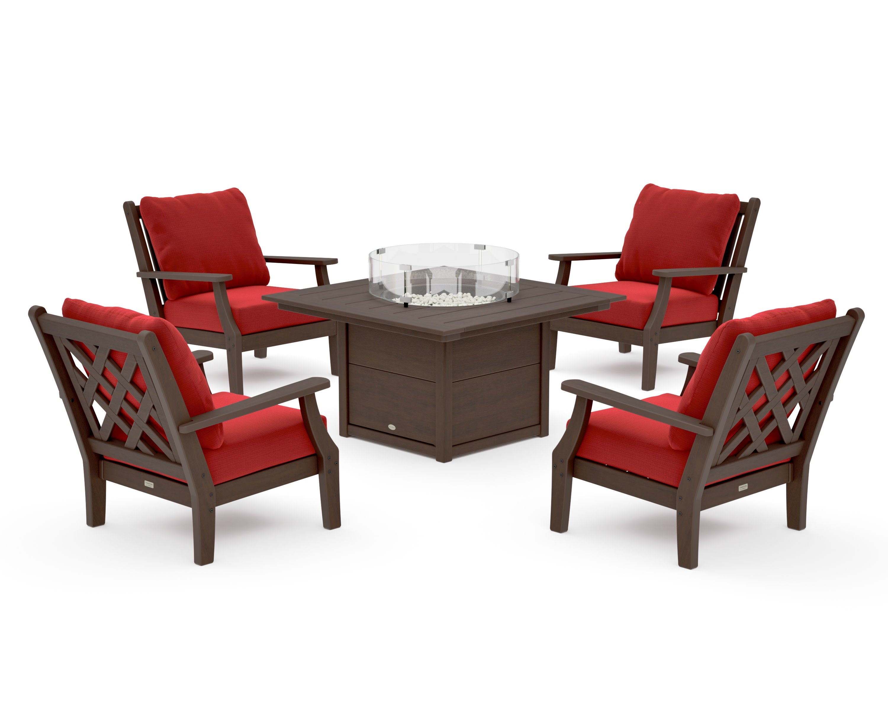 Wovendale 5-Piece Deep Seating Set with Fire Pit Table in Kona / Crimson Linen