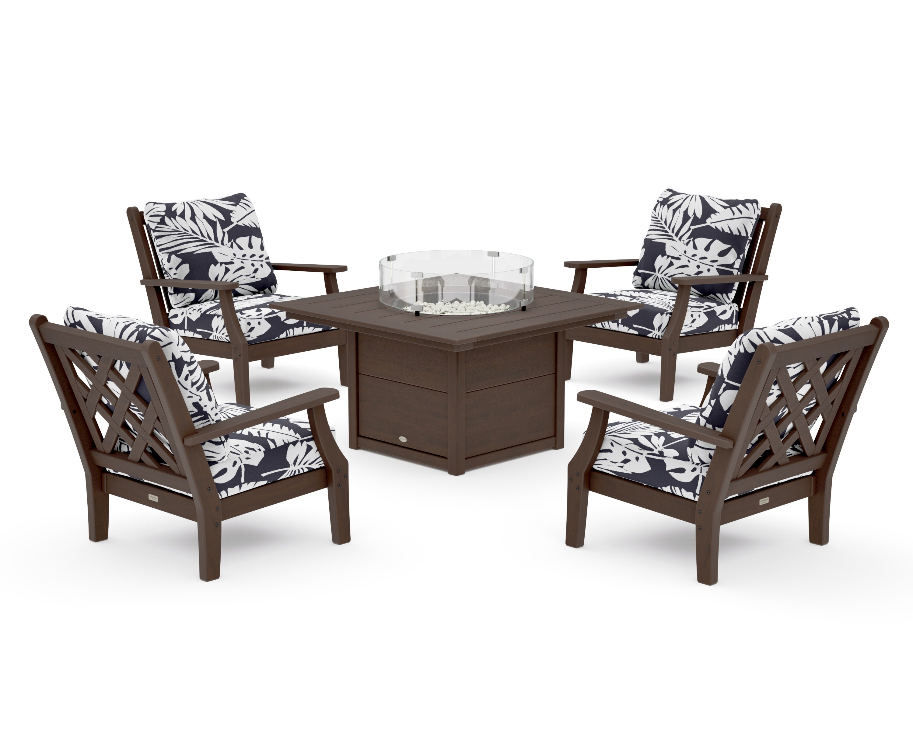 Wovendale 5-Piece Deep Seating Set with Fire Pit Table in Kona / Leaf Navy