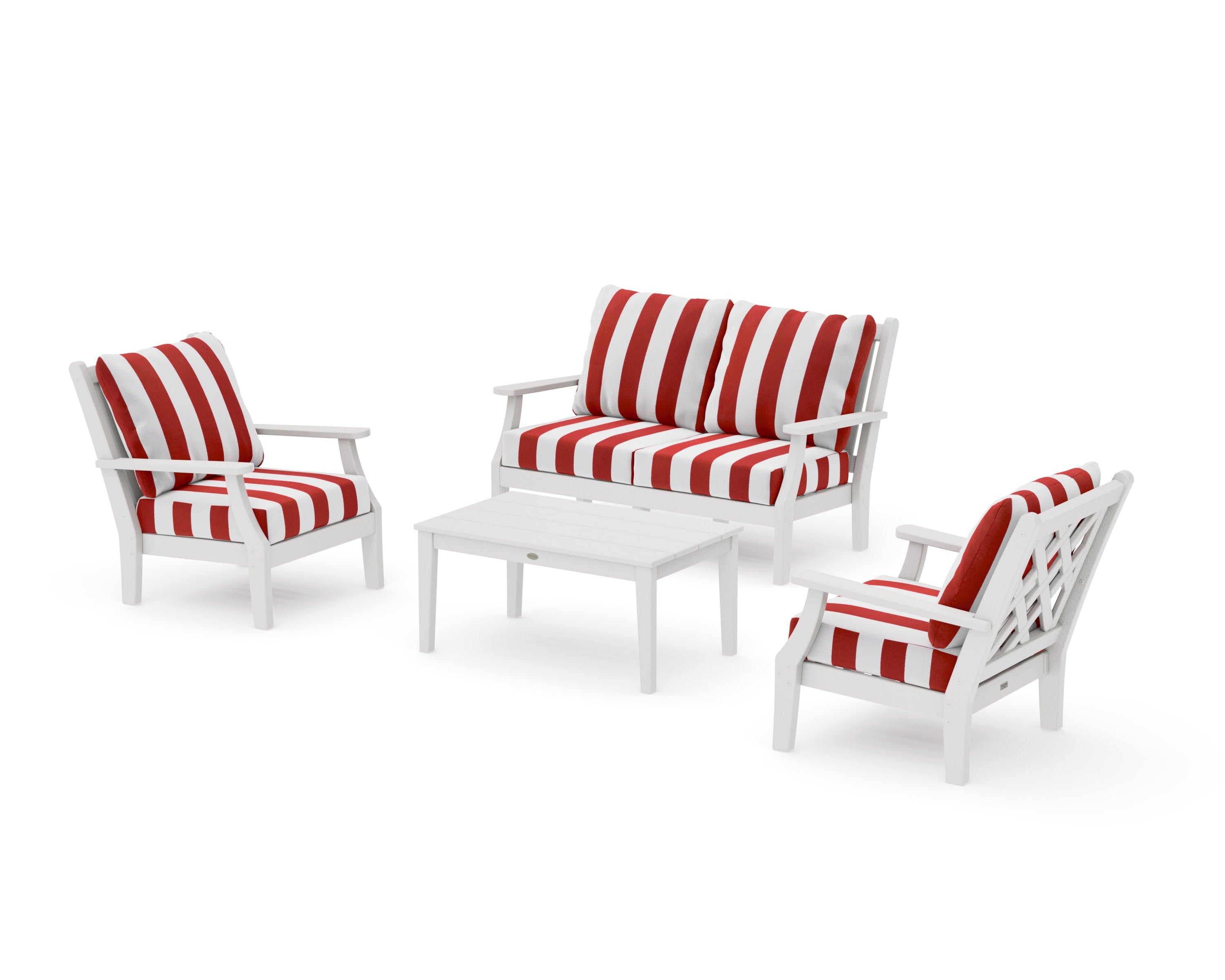 Wovendale 4-Piece Deep Seating Set with Loveseat in Vintage White / Cabana Stripe Crimson