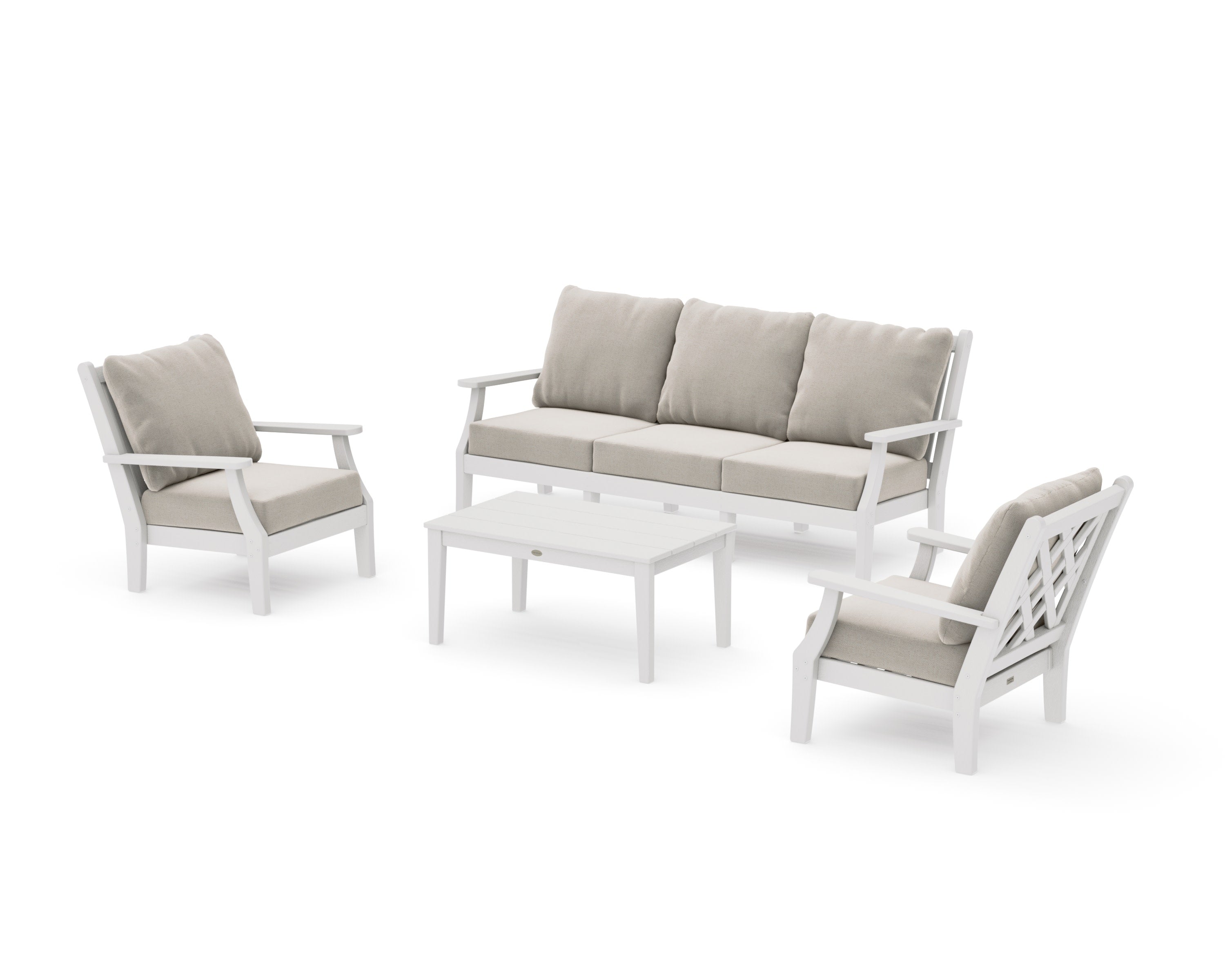 Wovendale 4-Piece Deep Seating Set with Sofa in Vintage White / Dune Burlap