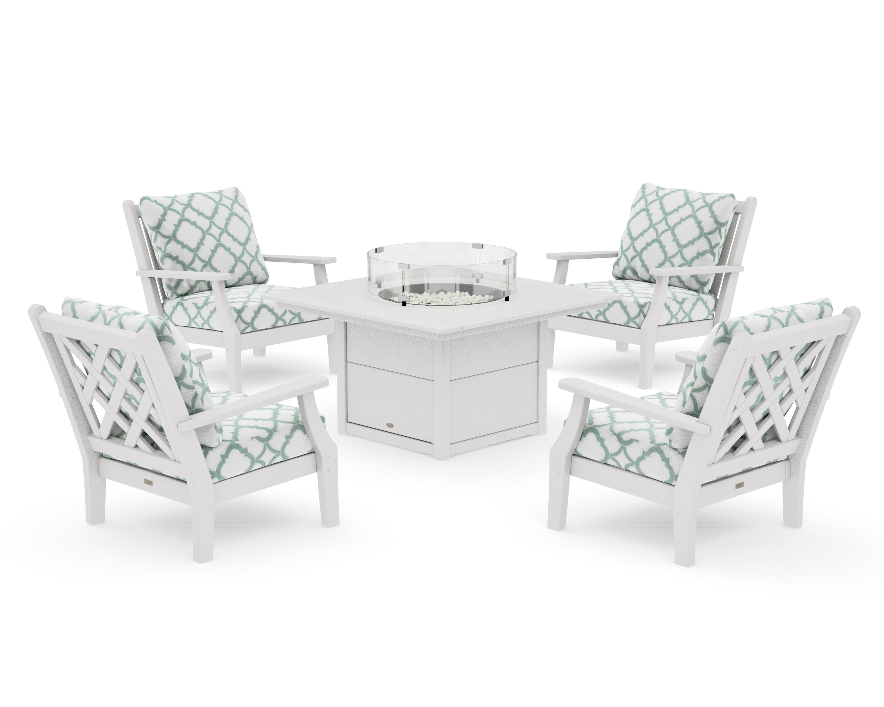 Wovendale 5-Piece Deep Seating Set with Fire Pit Table in Vintage White / Trellis Glacier Spa