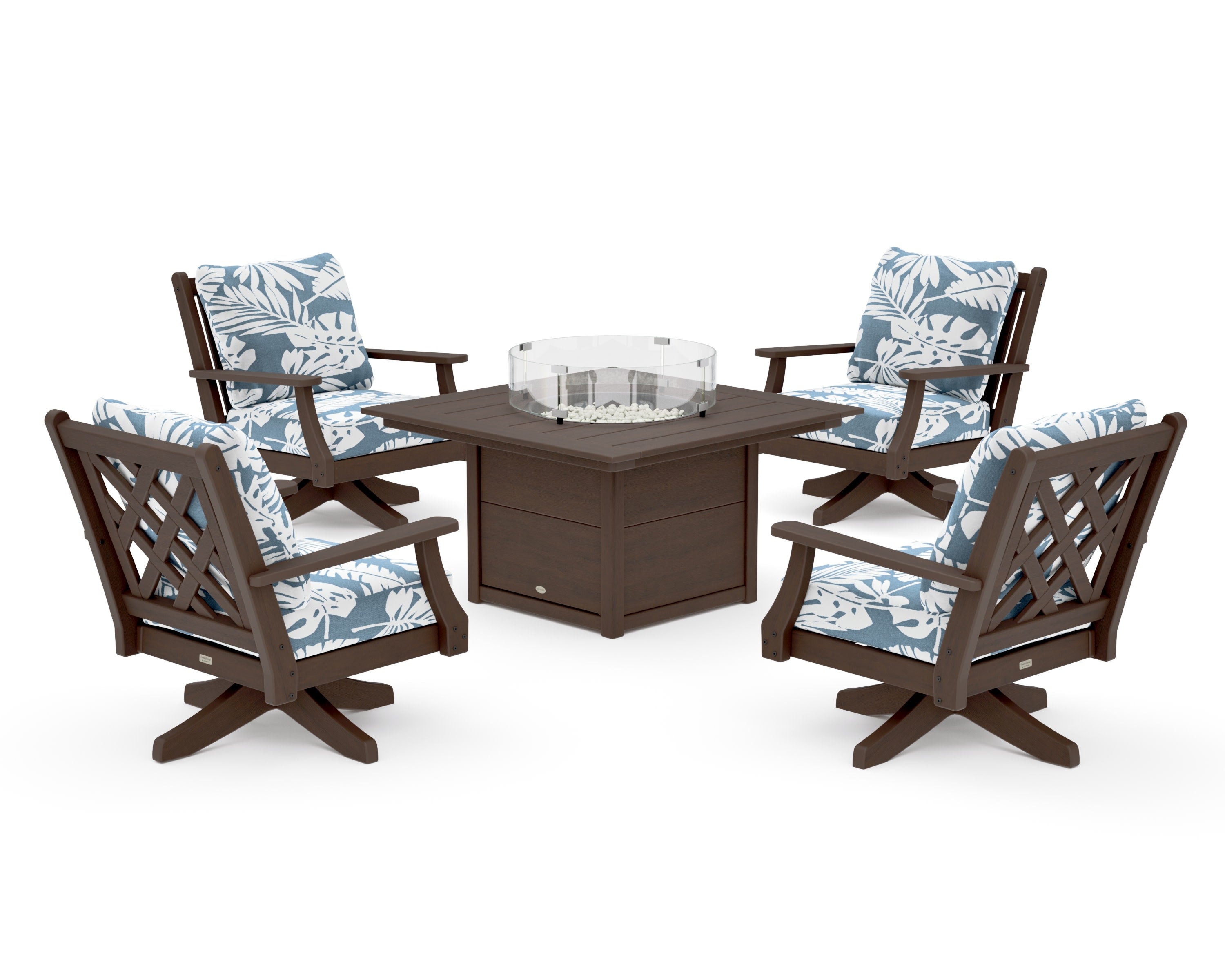 Wovendale 5-Piece Deep Seating Swivel Conversation Set with Fire Pit Table in Kona / Leaf Sky Blue