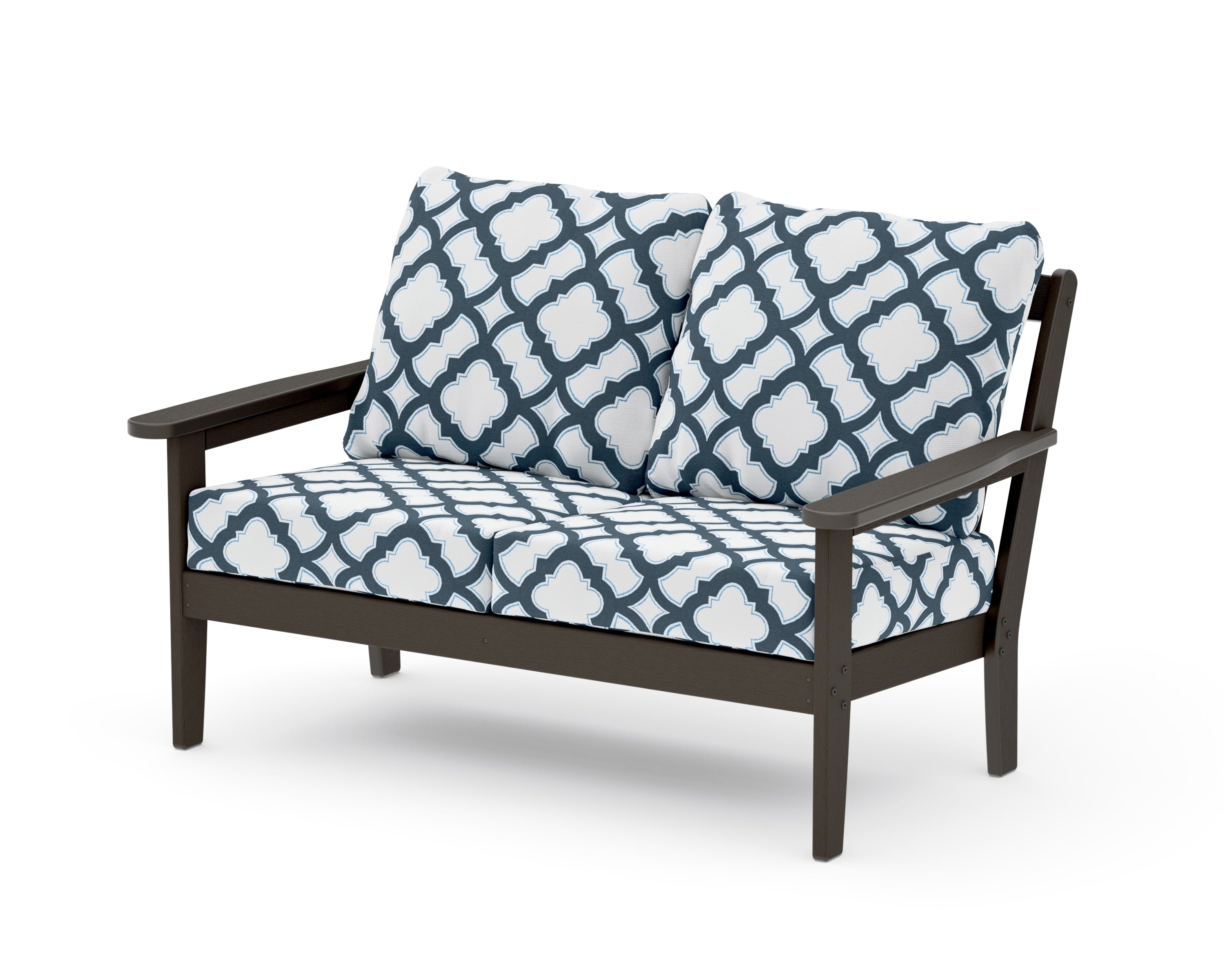 Cottage Deep Seating Loveseat in Vintage Coffee / Trellis Marine Indigo