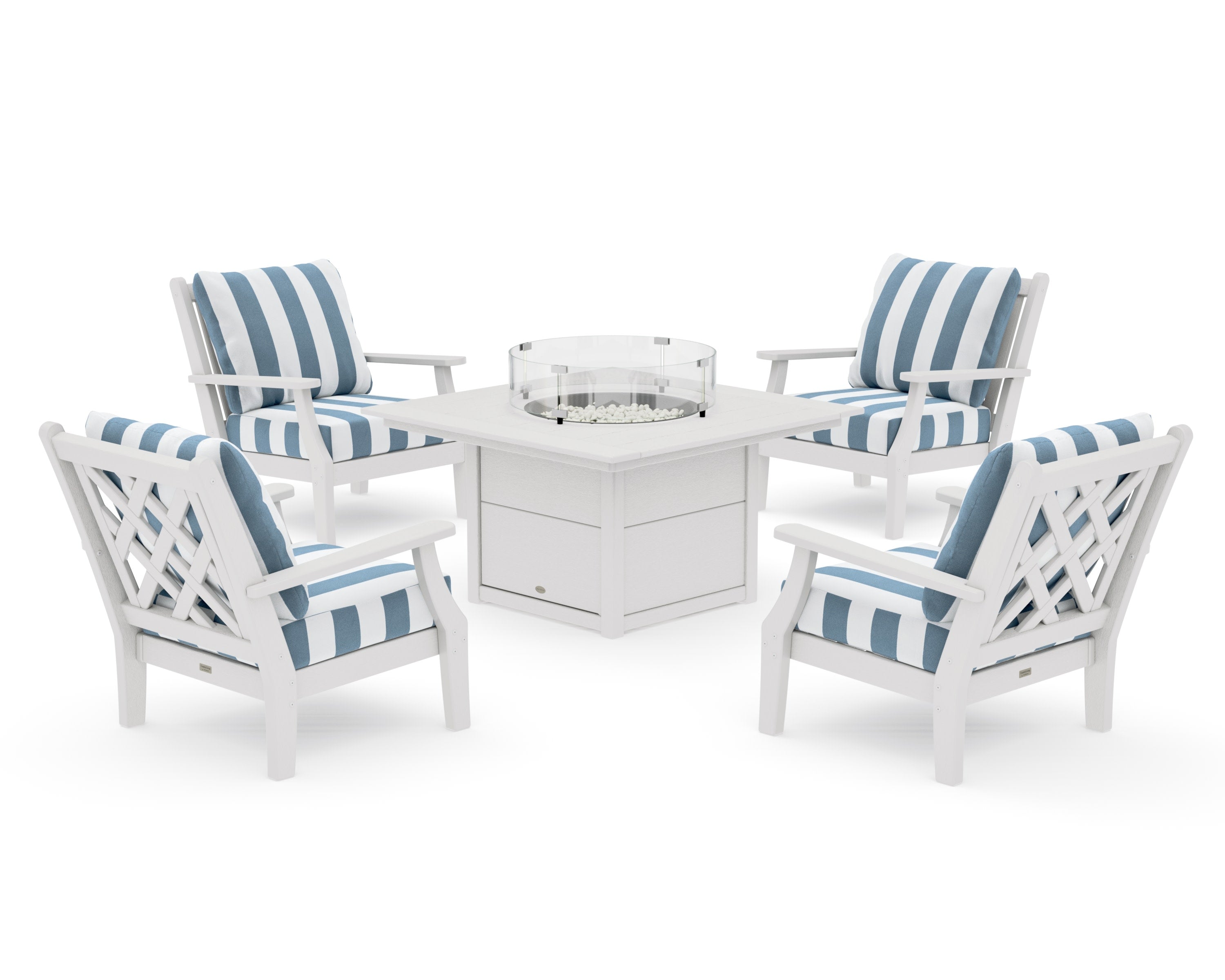 Wovendale 5-Piece Deep Seating Set with Fire Pit Table in Vintage White / Cabana Stripe Sky Blue