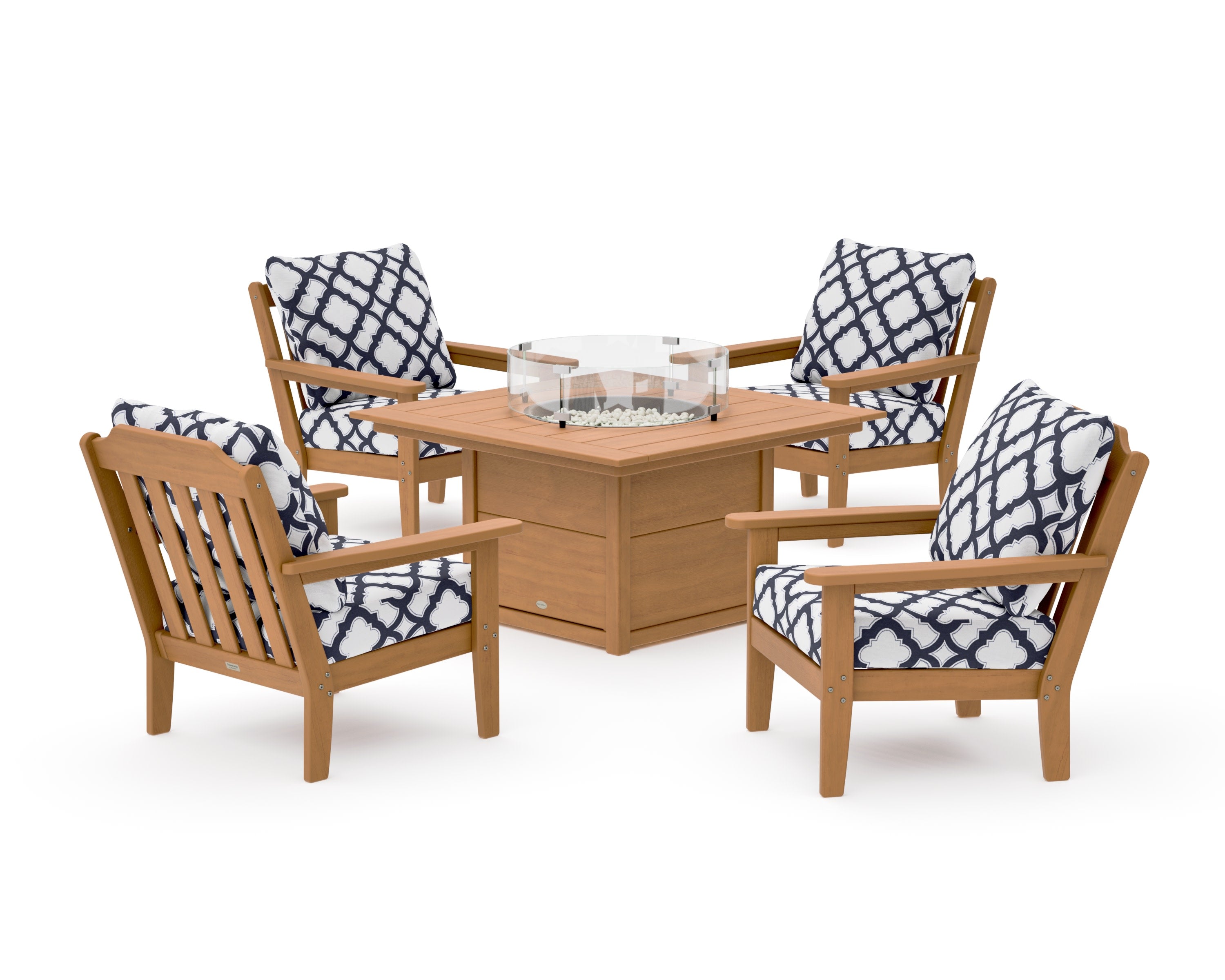 Cottage 5-Piece Deep Seating Set with Fire Pit Table in Natural / Trellis Navy