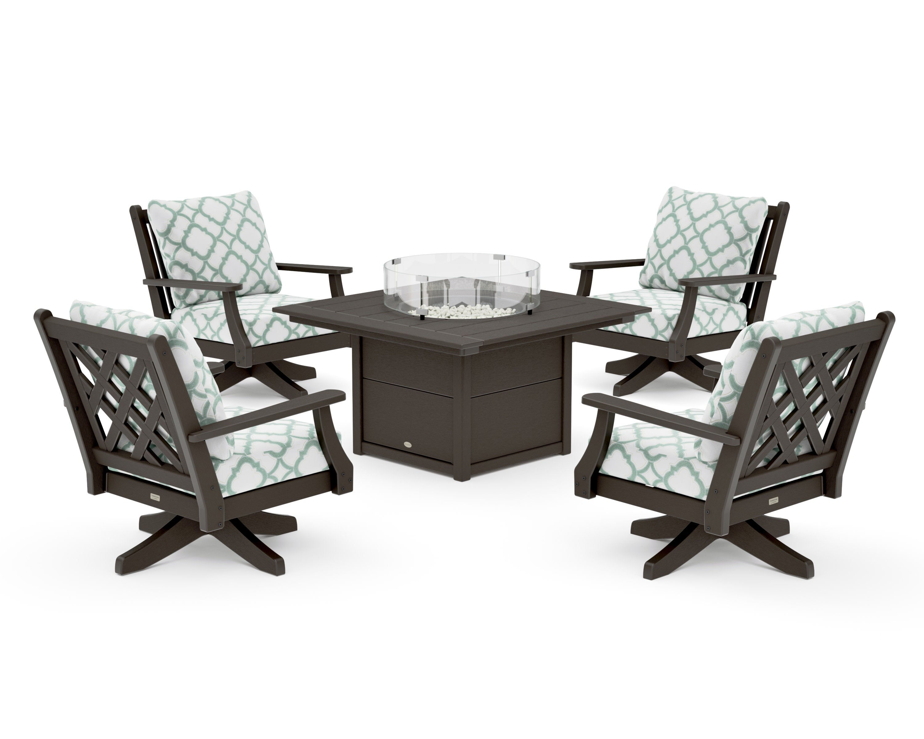 Wovendale 5-Piece Deep Seating Swivel Conversation Set with Fire Pit Table in Vintage Coffee / Trellis Glacier Spa