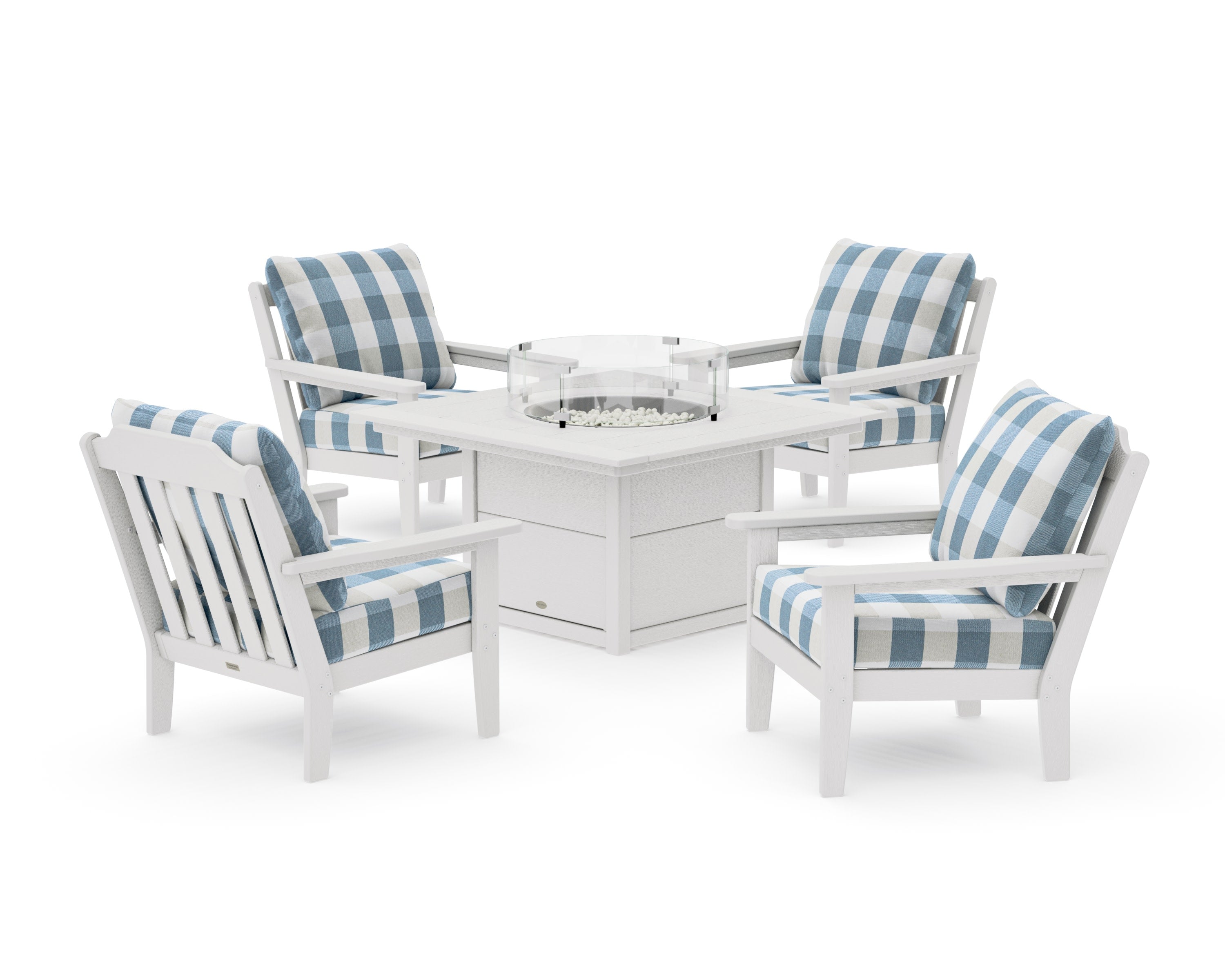 Cottage 5-Piece Deep Seating Set with Fire Pit Table in Vintage White / Buffalo Plaid Sky Blue
