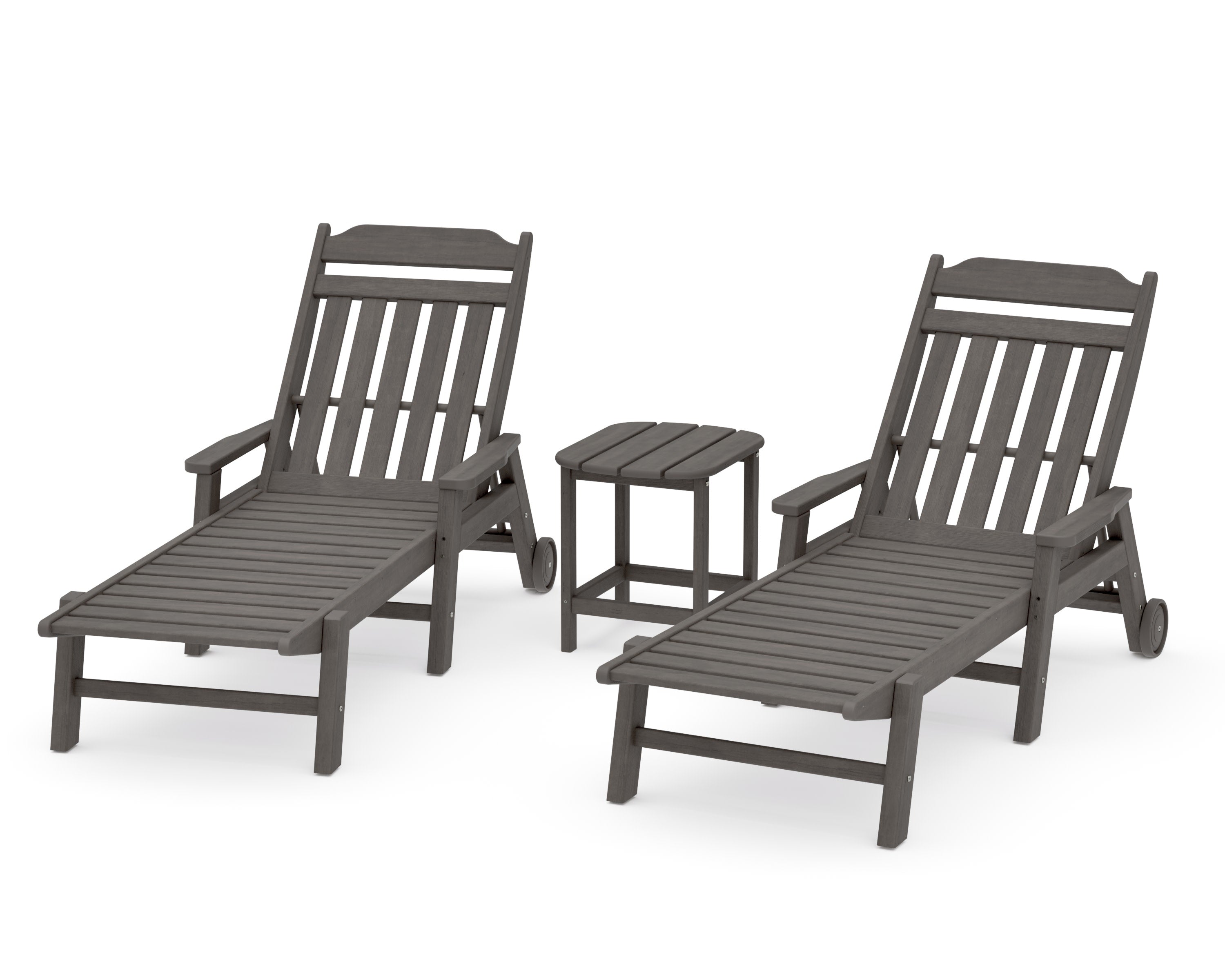 Cottage 3-Piece Chaise Set with Arms and Wheels in Driftwood
