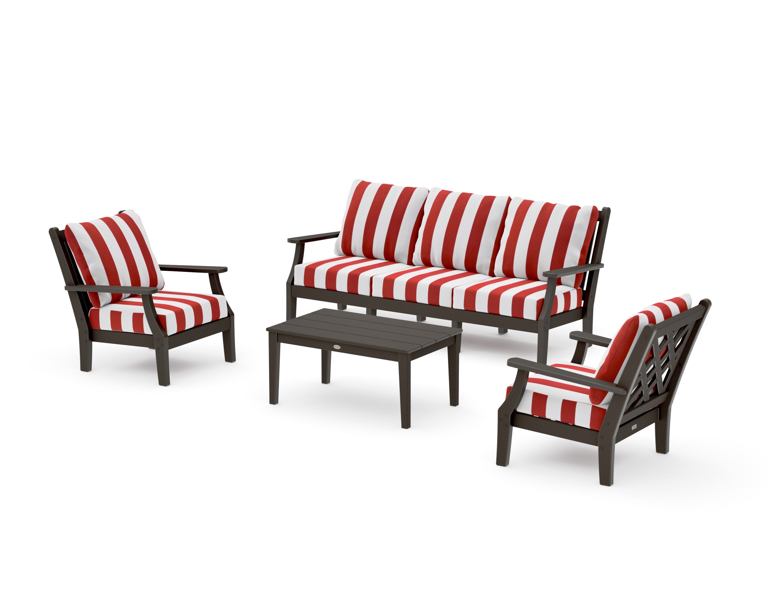 Wovendale 4-Piece Deep Seating Set with Sofa in Vintage Coffee / Cabana Stripe Crimson