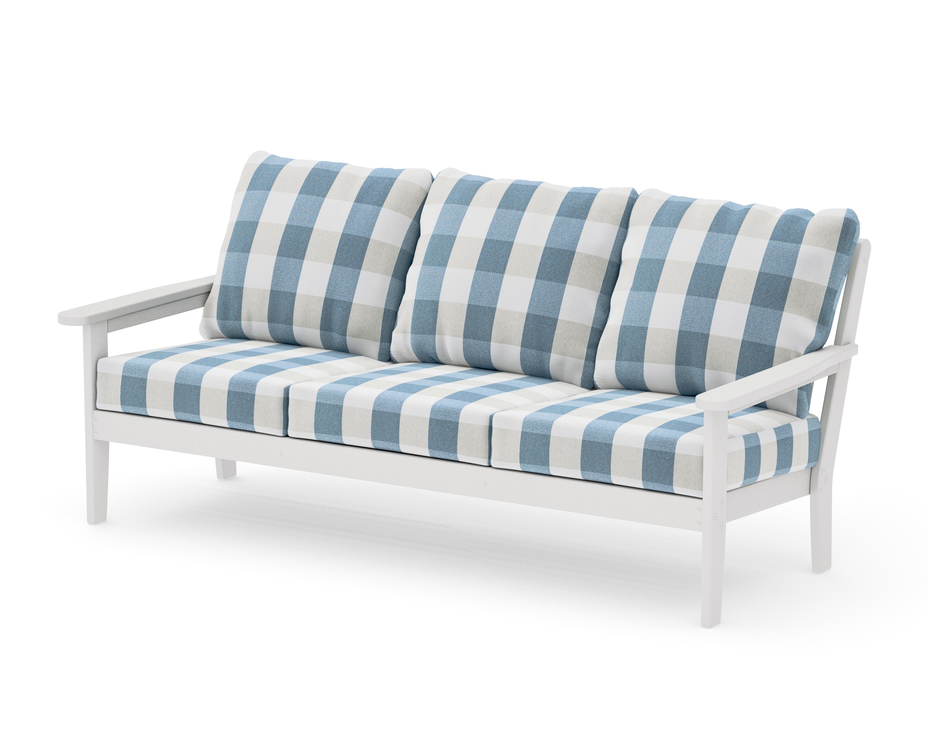 Cottage Deep Seating Sofa in Vintage White / Buffalo Plaid Sky Blue