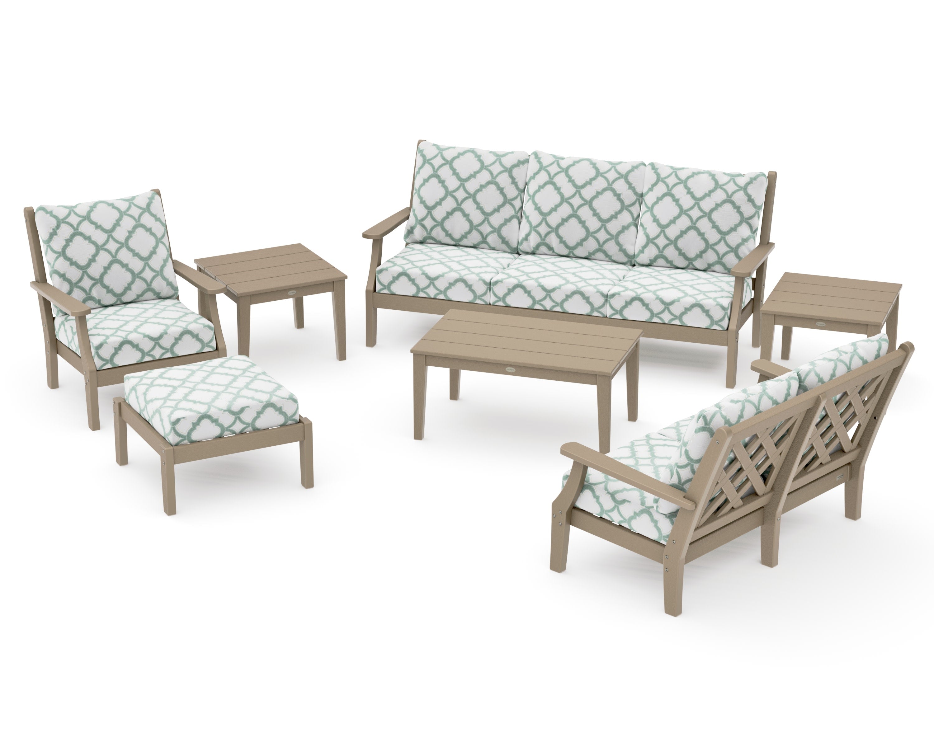 Wovendale 7-Piece Deep Seating Set in Vintage Sahara / Trellis Glacier Spa