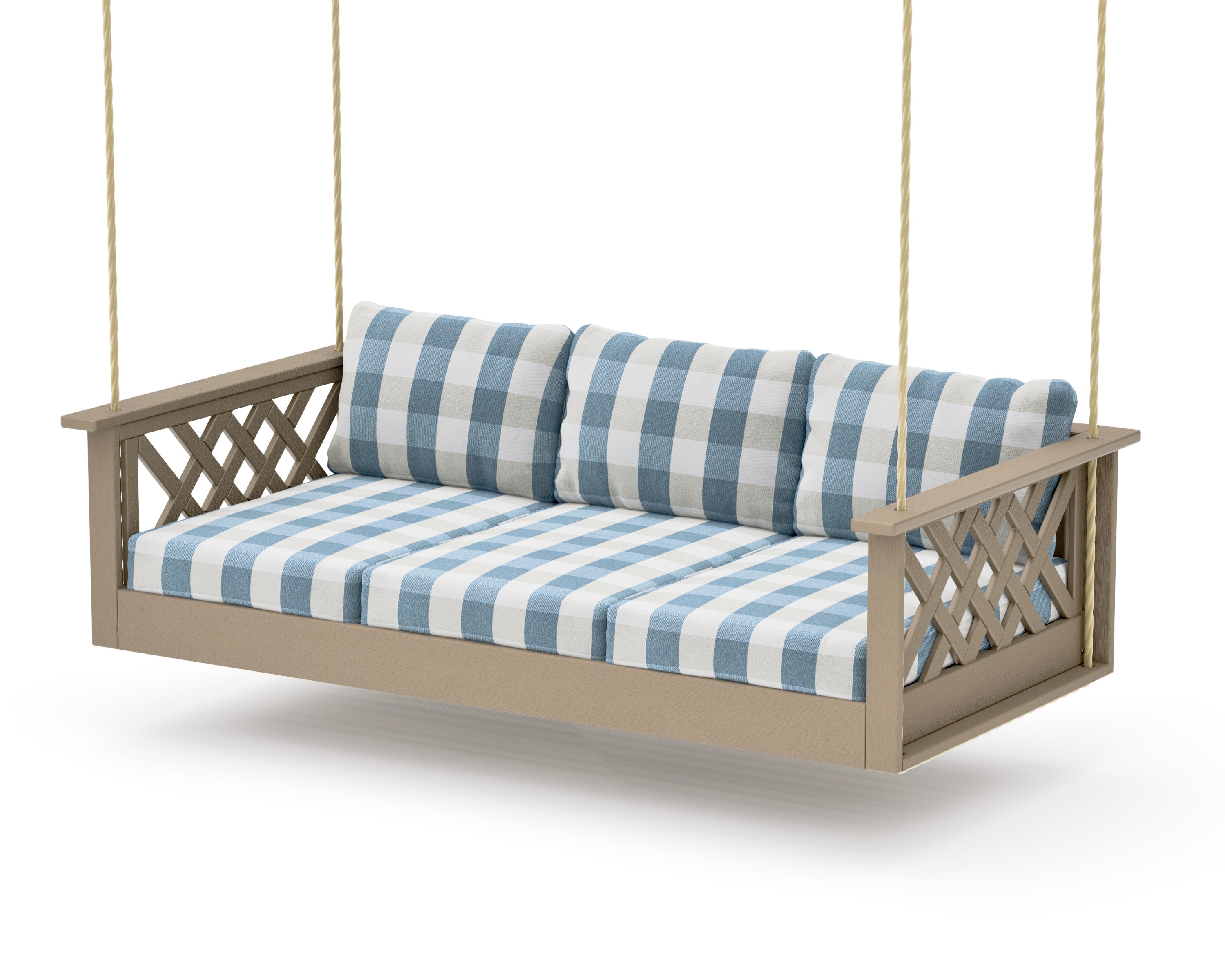 Wovendale Daybed Swing in Vintage Sahara / Buffalo Plaid Sky Blue