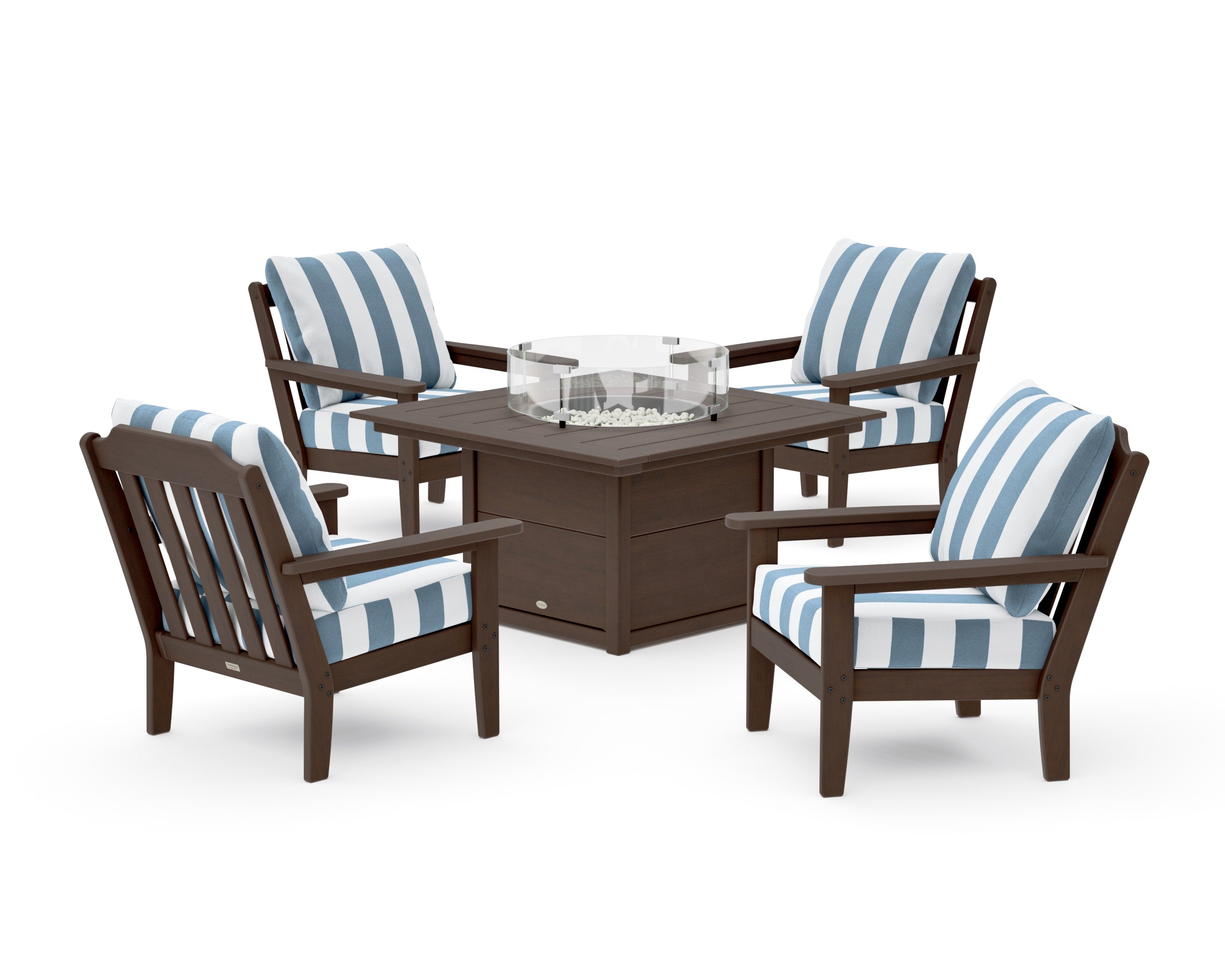Cottage 5-Piece Deep Seating Set with Fire Pit Table in Kona / Cabana Stripe Sky Blue