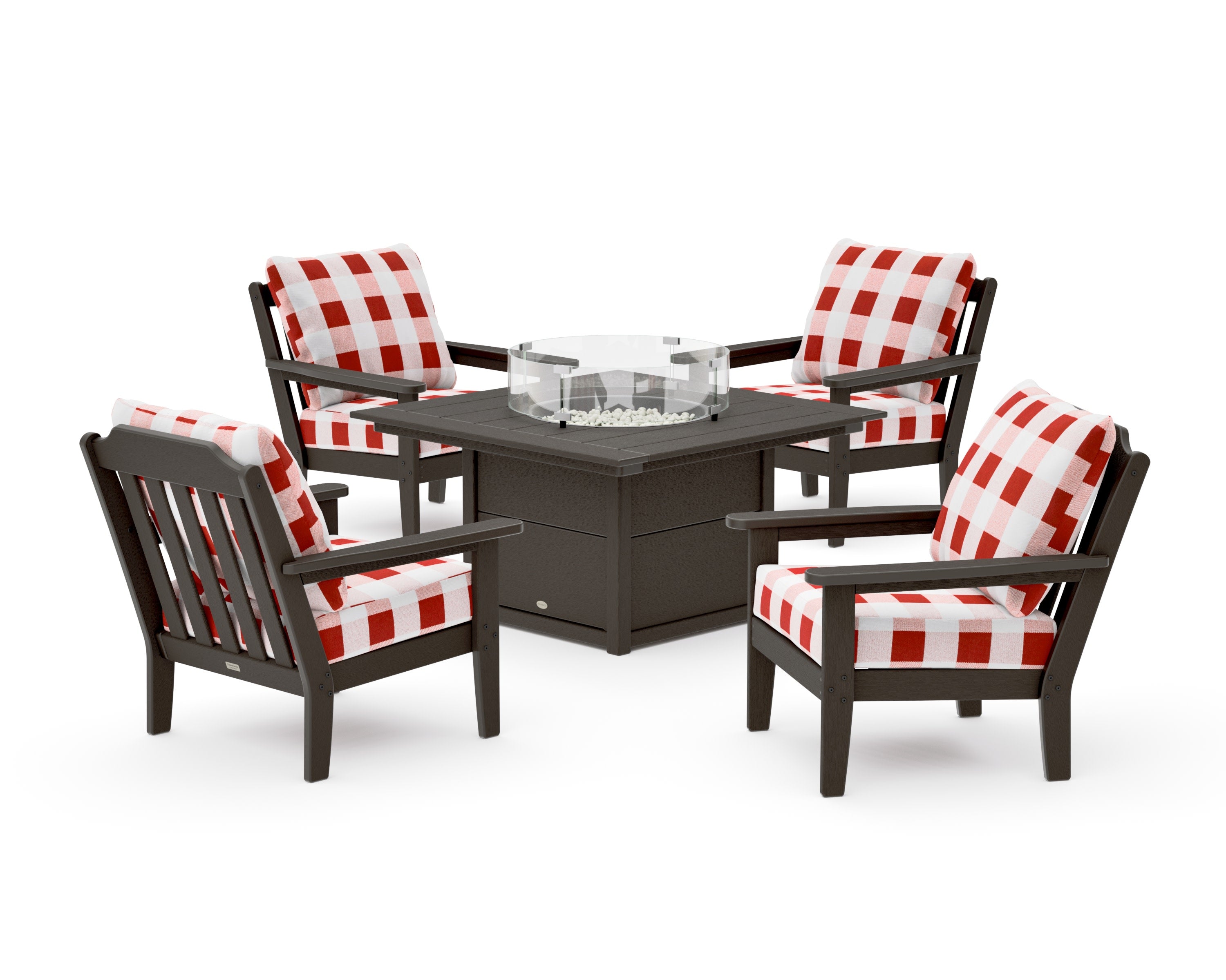 Cottage 5-Piece Deep Seating Set with Fire Pit Table in Vintage Coffee / Buffalo Plaid Crimson