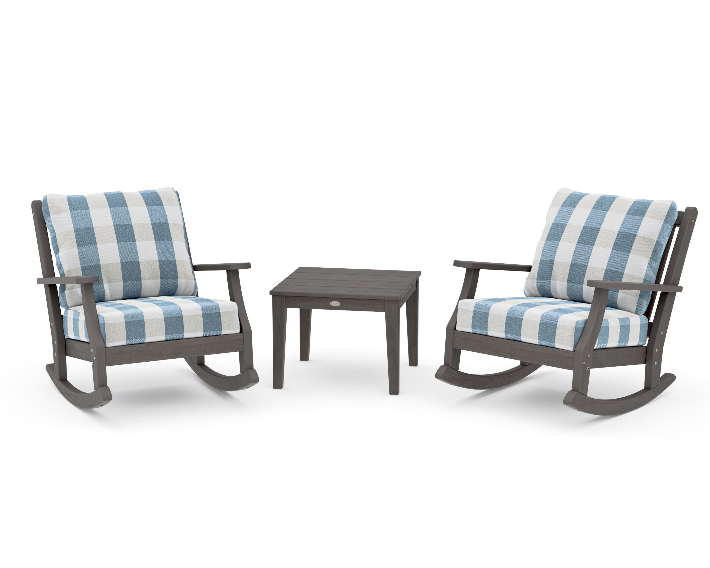 Wovendale 3-Piece Deep Seating Rocker Set in Driftwood / Buffalo Plaid Sky Blue
