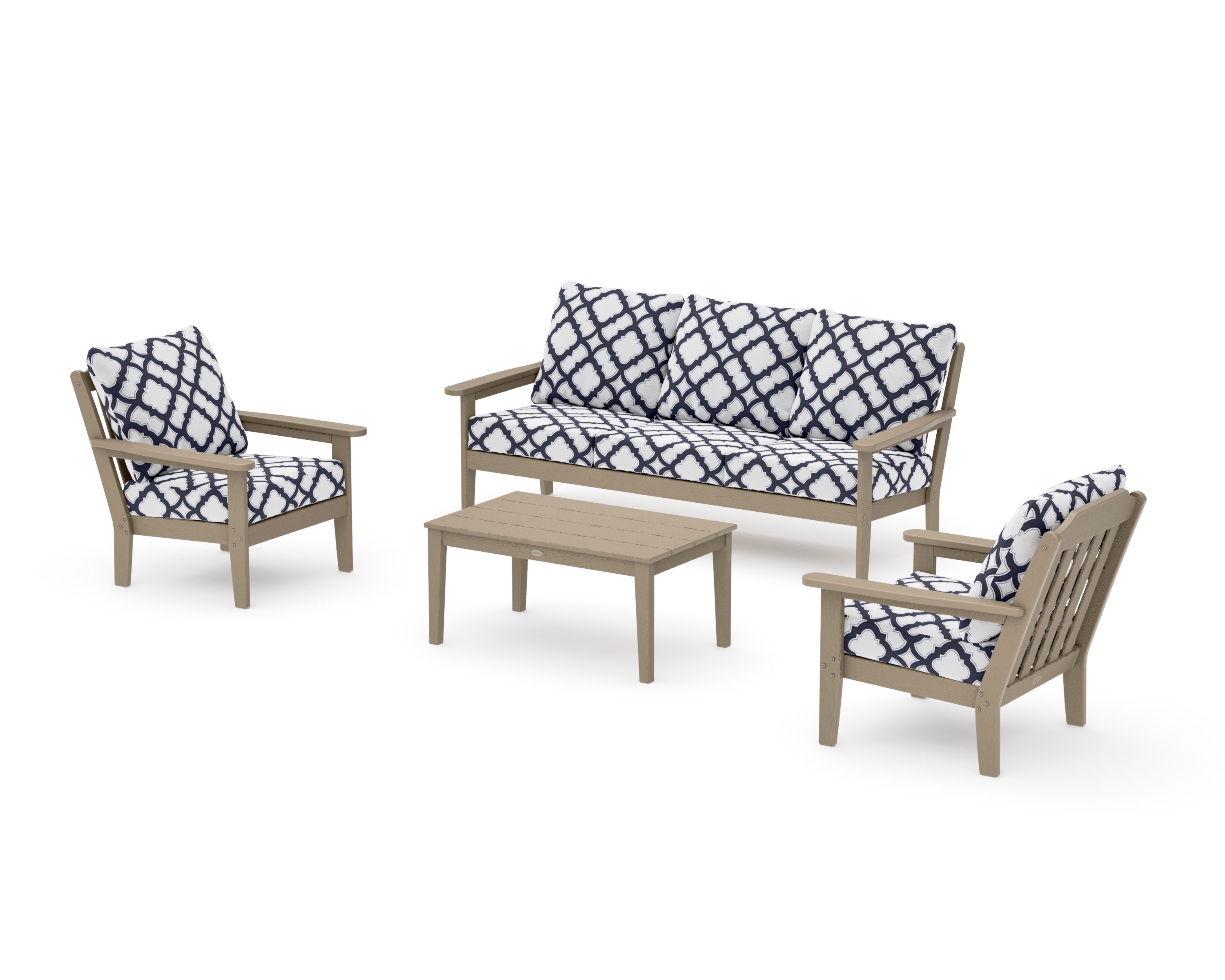 Cottage 4-Piece Deep Seating Set with Sofa in Vintage Sahara / Trellis Navy