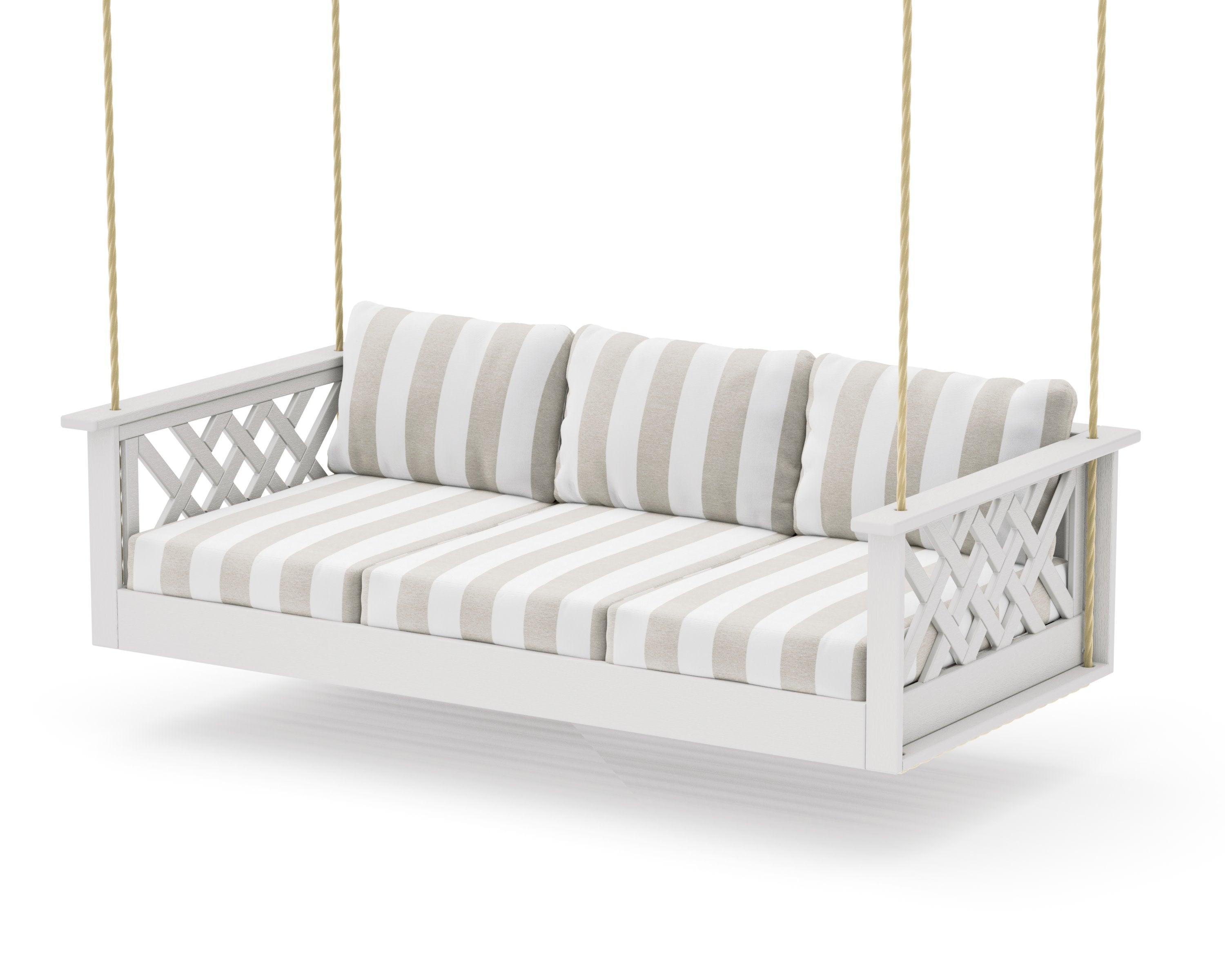 Wovendale Daybed Swing in Vintage White / Cabana Stripe Dune Burlap