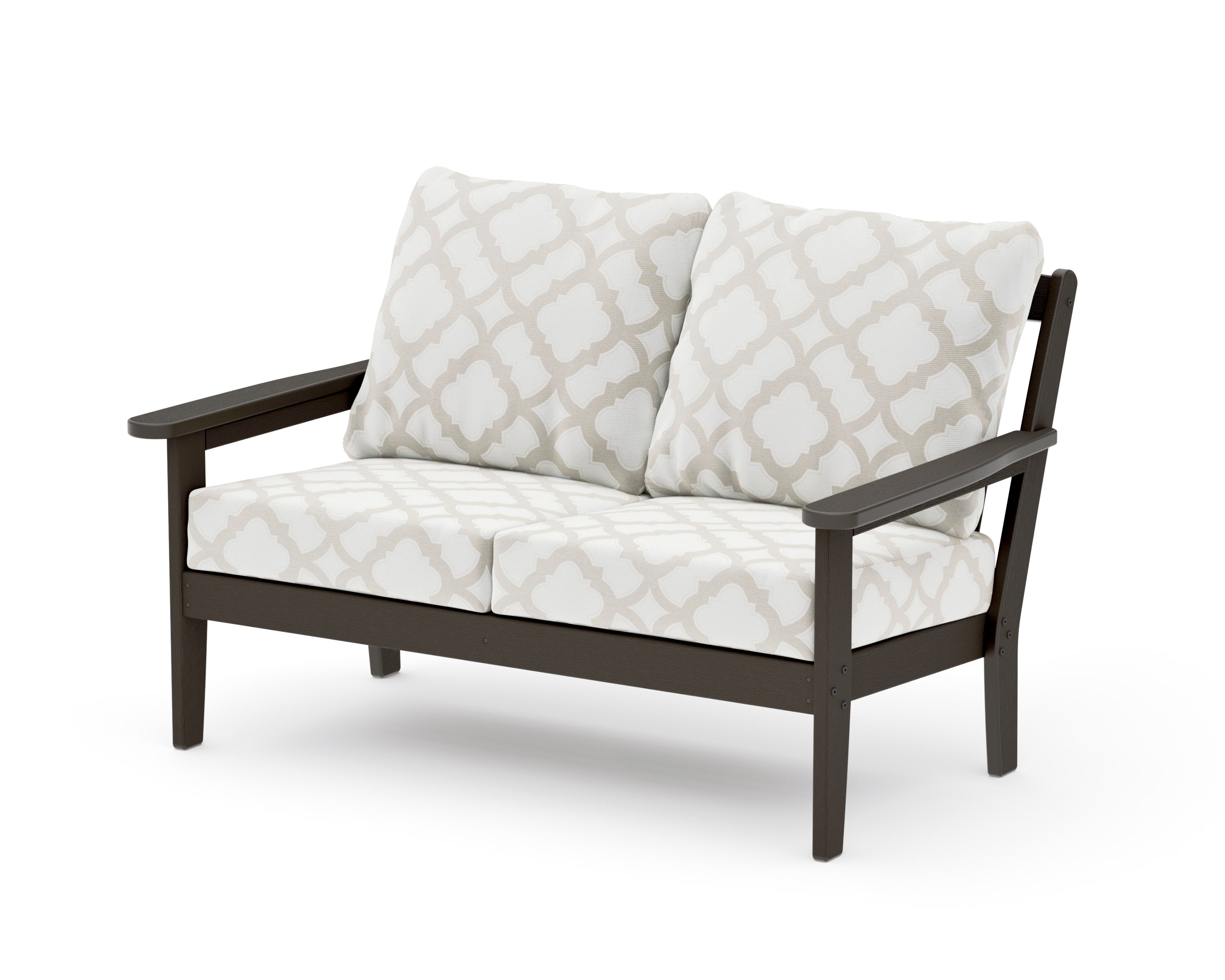 Cottage Deep Seating Loveseat in Vintage Coffee / Trellis Dune Burlap