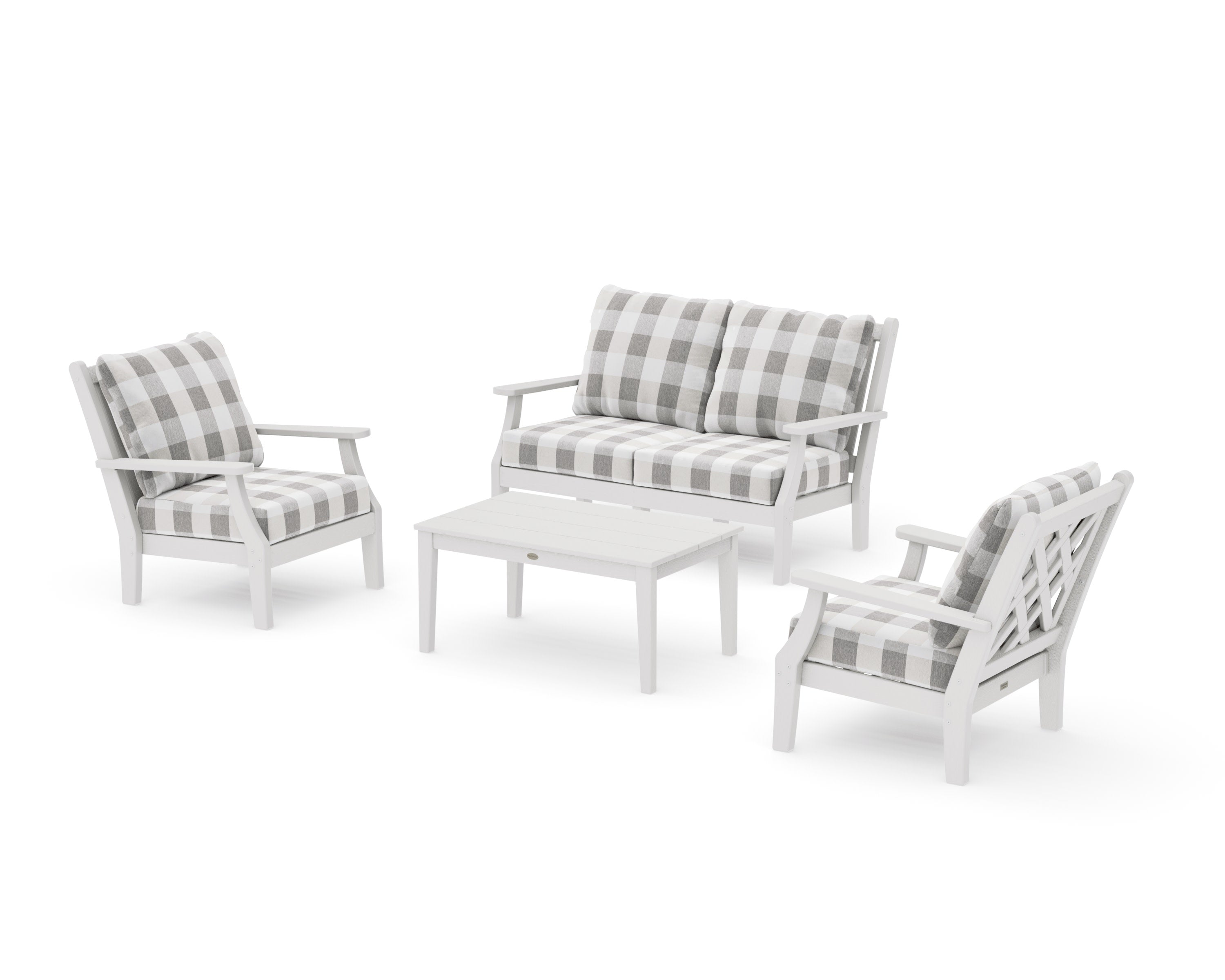 Wovendale 4-Piece Deep Seating Set with Loveseat in Vintage White / Buffalo Plaid Grey Mist