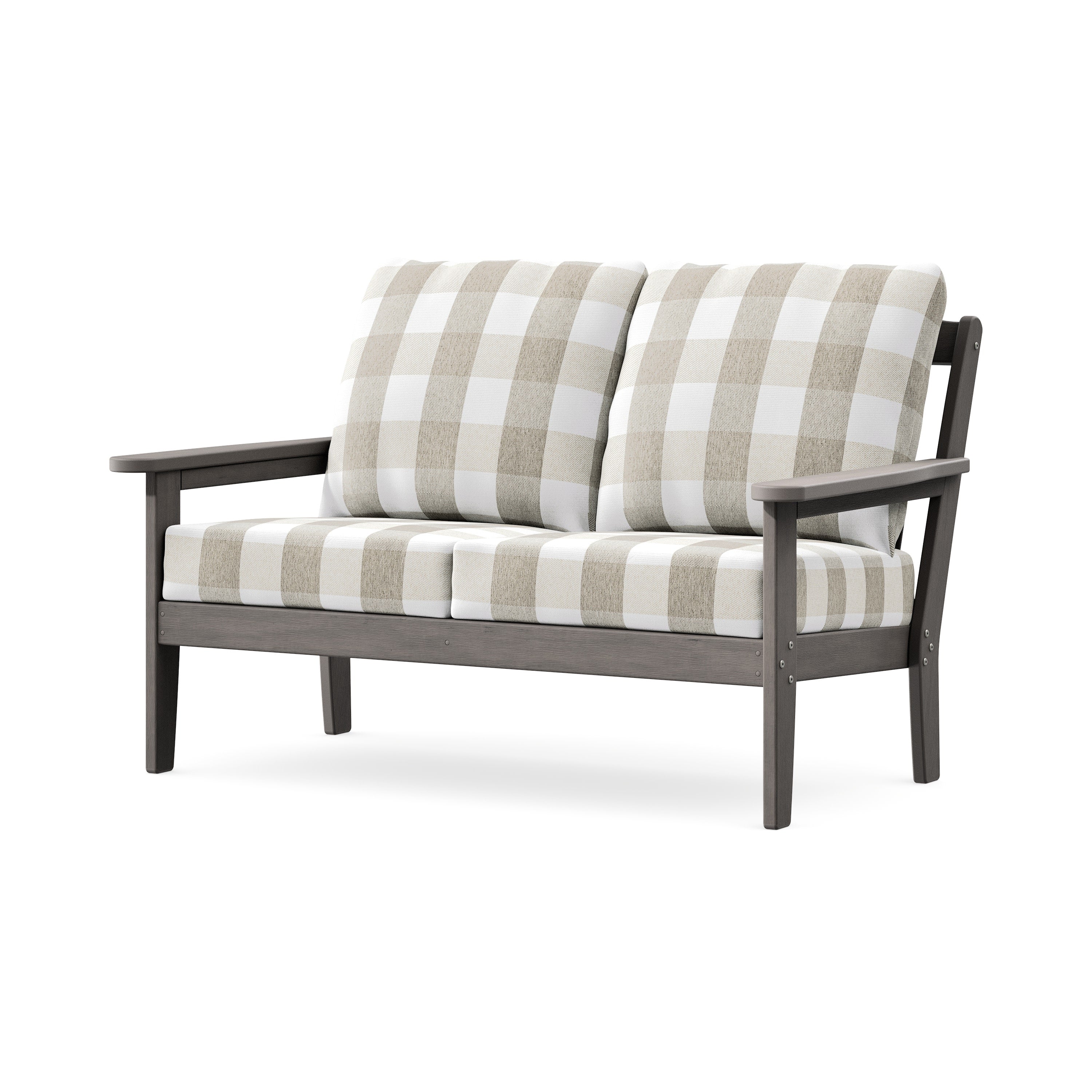 Cottage Deep Seating Loveseat in Driftwood / Buffalo Plaid Dune Burlap