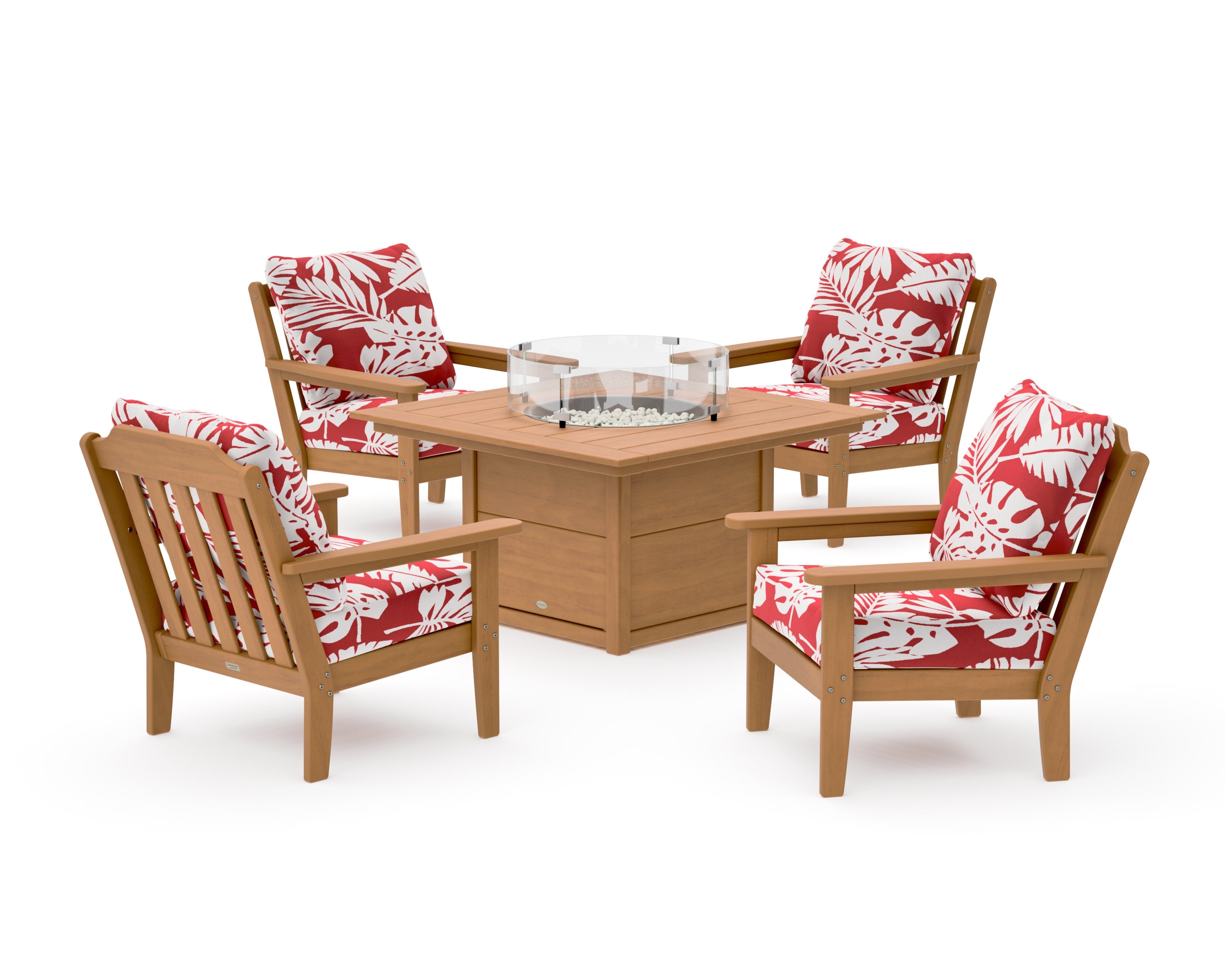 Cottage 5-Piece Deep Seating Set with Fire Pit Table in Natural / Leaf Crimson