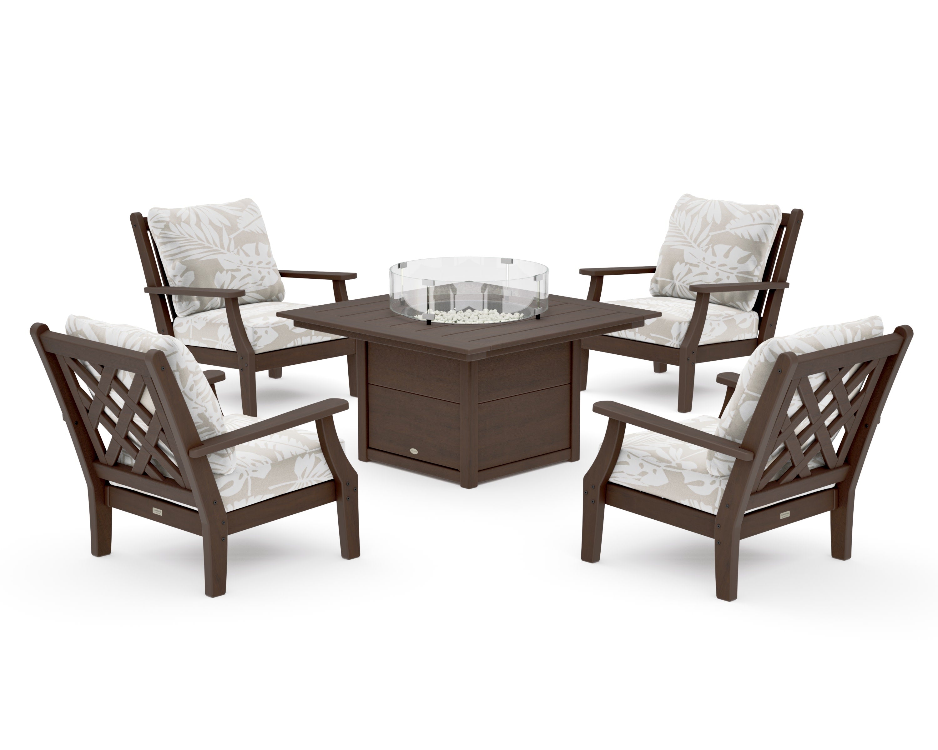 Wovendale 5-Piece Deep Seating Set with Fire Pit Table in Kona / Leaf Dune Burlap