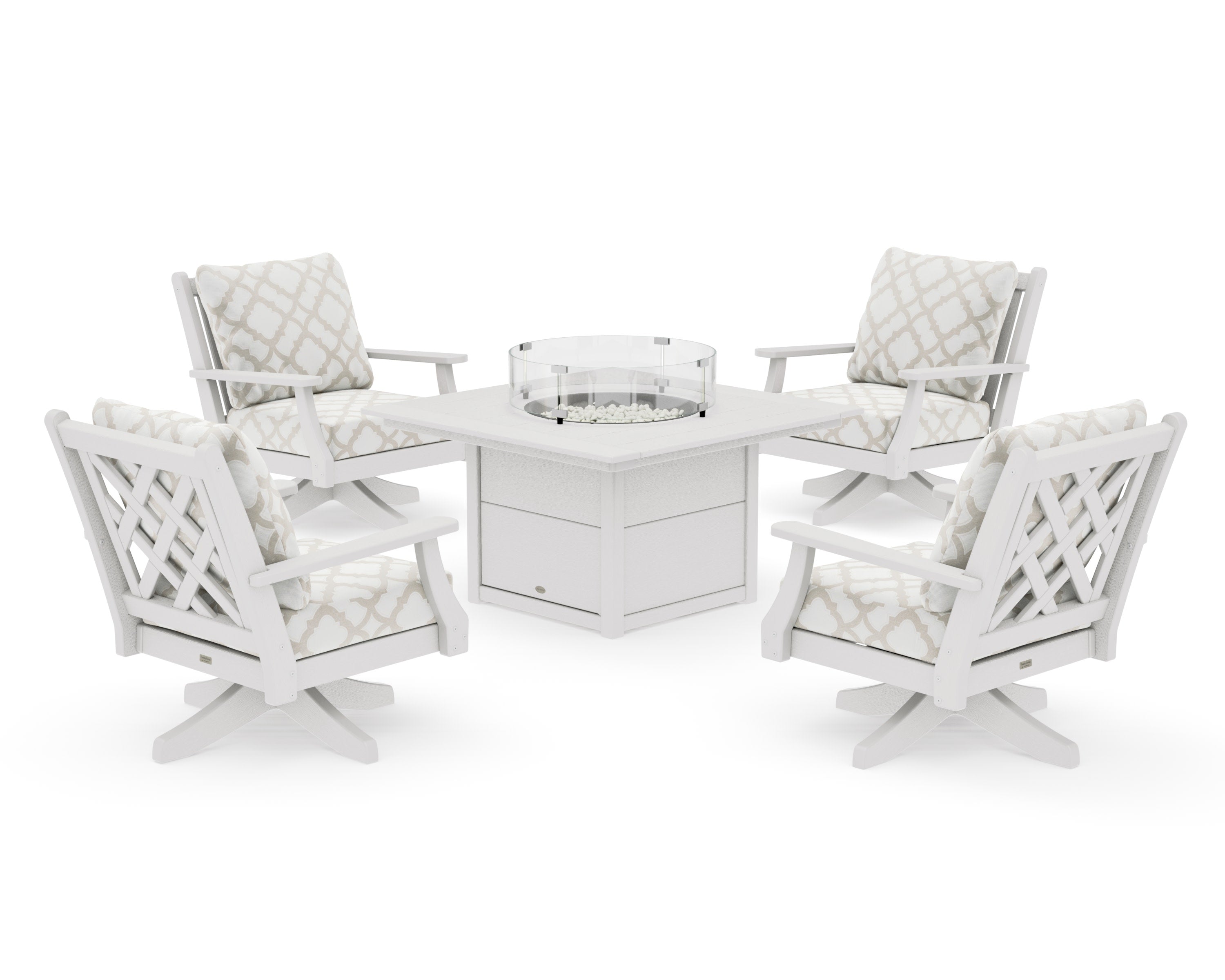 Wovendale 5-Piece Deep Seating Swivel Conversation Set with Fire Pit Table in Vintage White / Trellis Dune Burlap
