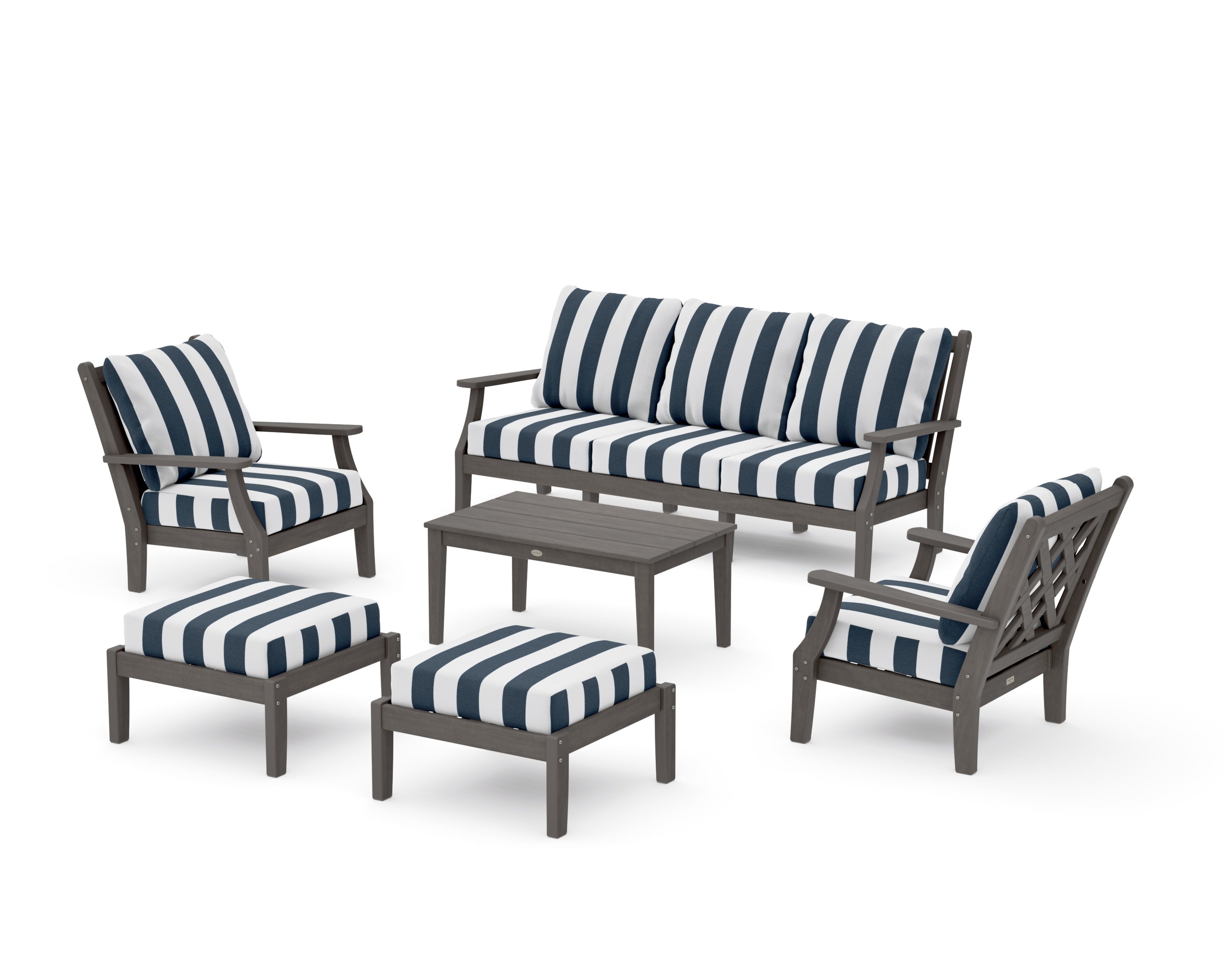 Wovendale 6-Piece Lounge Sofa Set in Driftwood / Cabana Stripe Marine Indigo