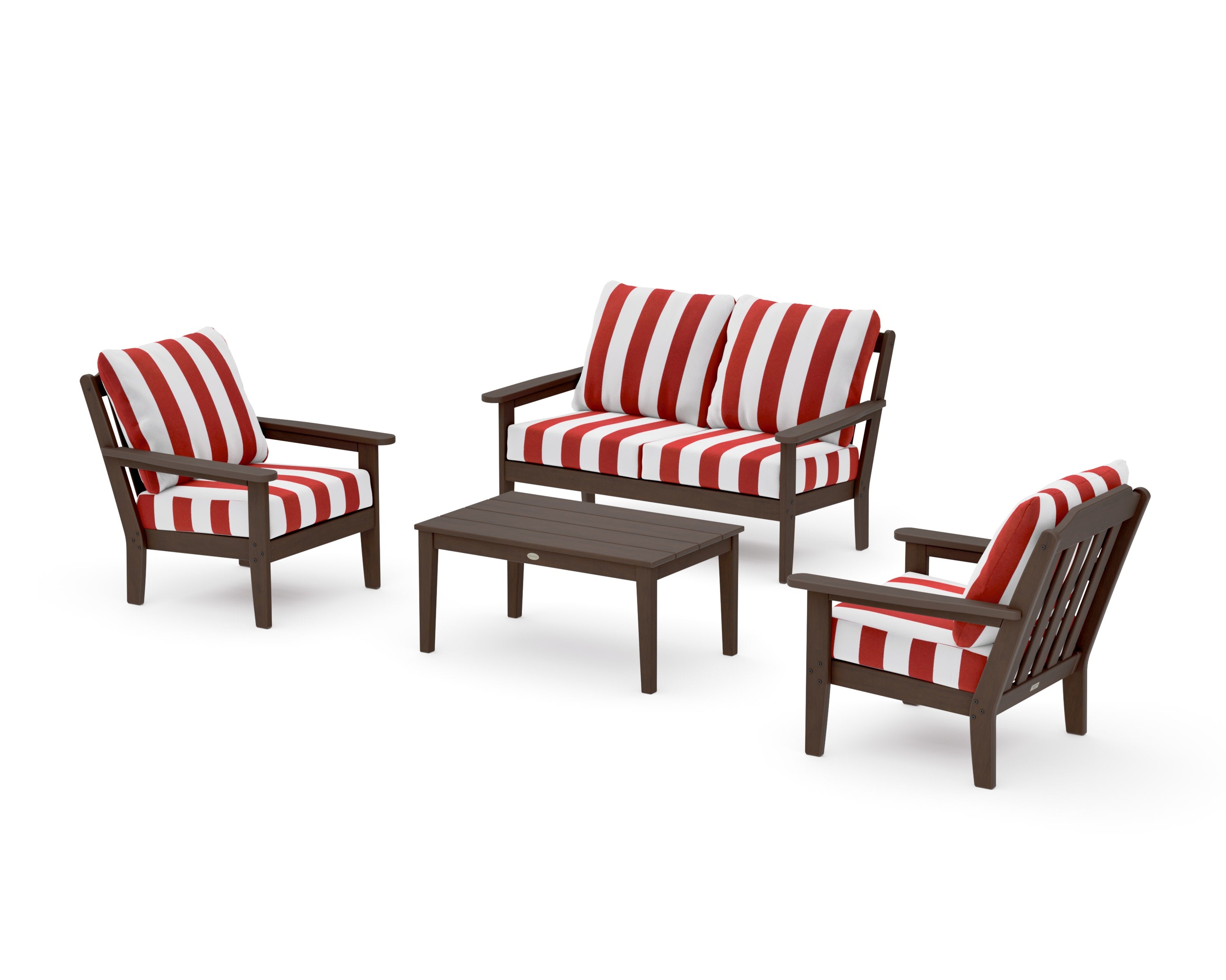 Cottage 4-Piece Deep Seating Set with Loveseat in Kona / Cabana Stripe Crimson
