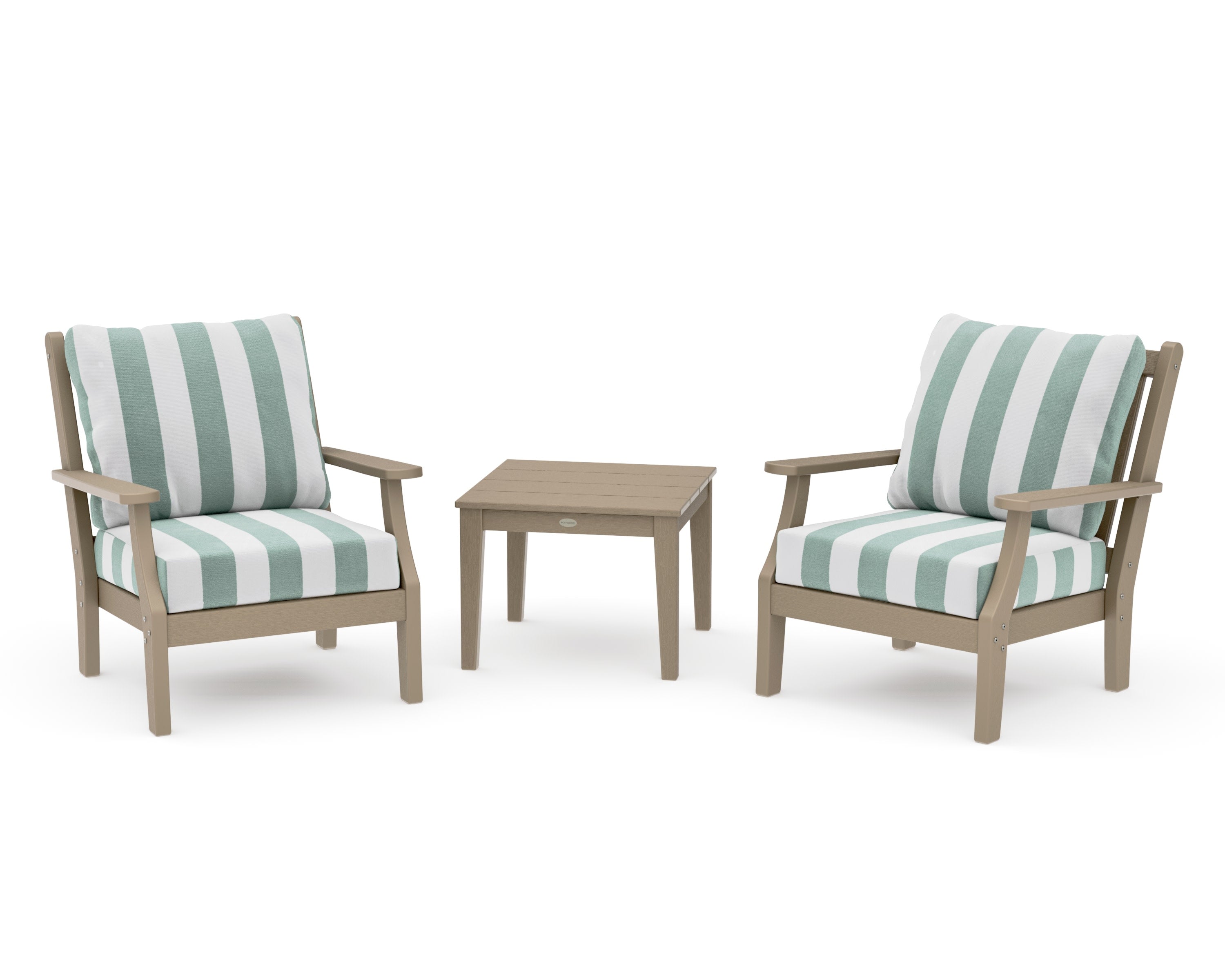 Wovendale 3-Piece Deep Seating Set in Vintage Sahara / Cabana Stripe Glacier Spa