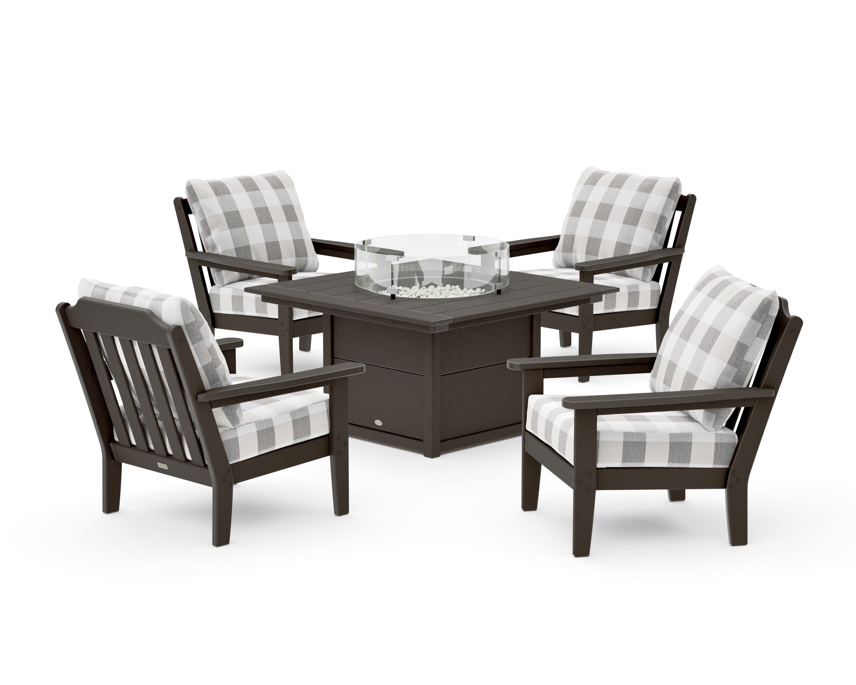 Cottage 5-Piece Deep Seating Set with Fire Pit Table in Vintage Coffee / Buffalo Plaid Grey Mist