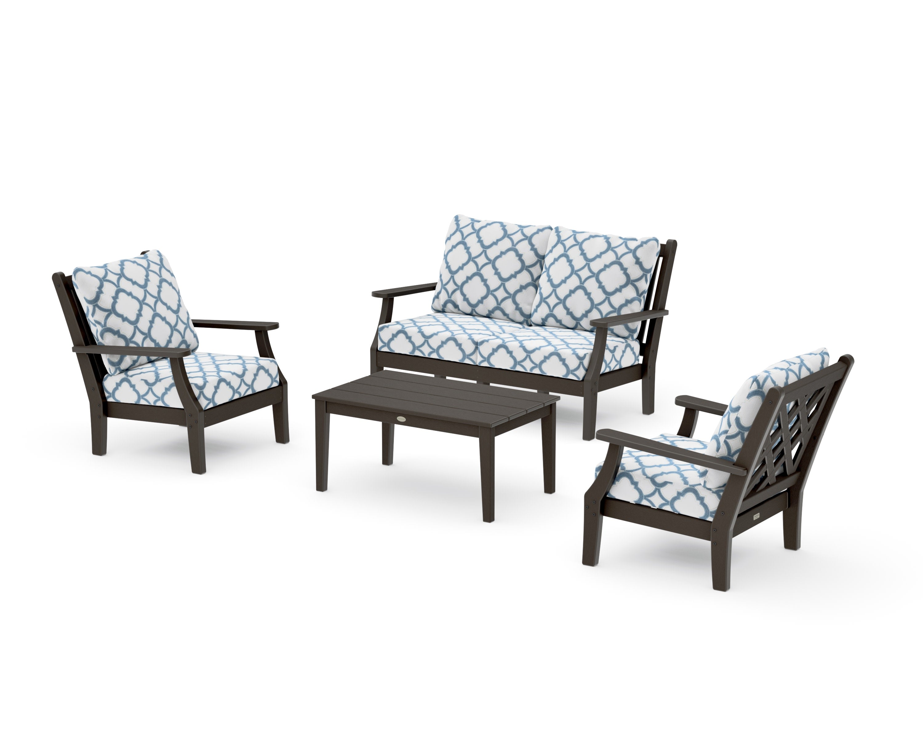 Wovendale 4-Piece Deep Seating Set with Loveseat in Vintage Coffee / Trellis Sky Blue