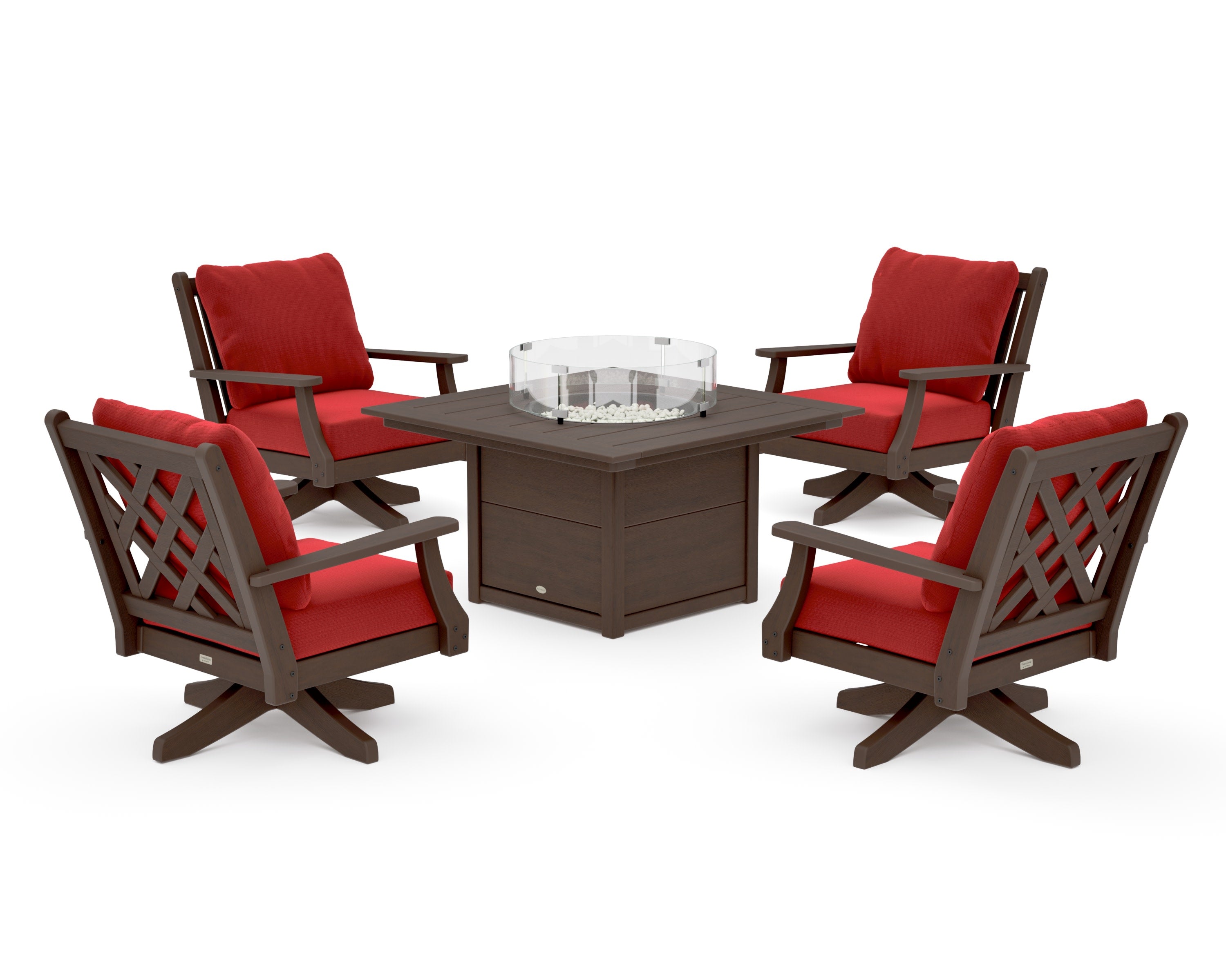 Wovendale 5-Piece Deep Seating Swivel Conversation Set with Fire Pit Table in Kona / Crimson Linen