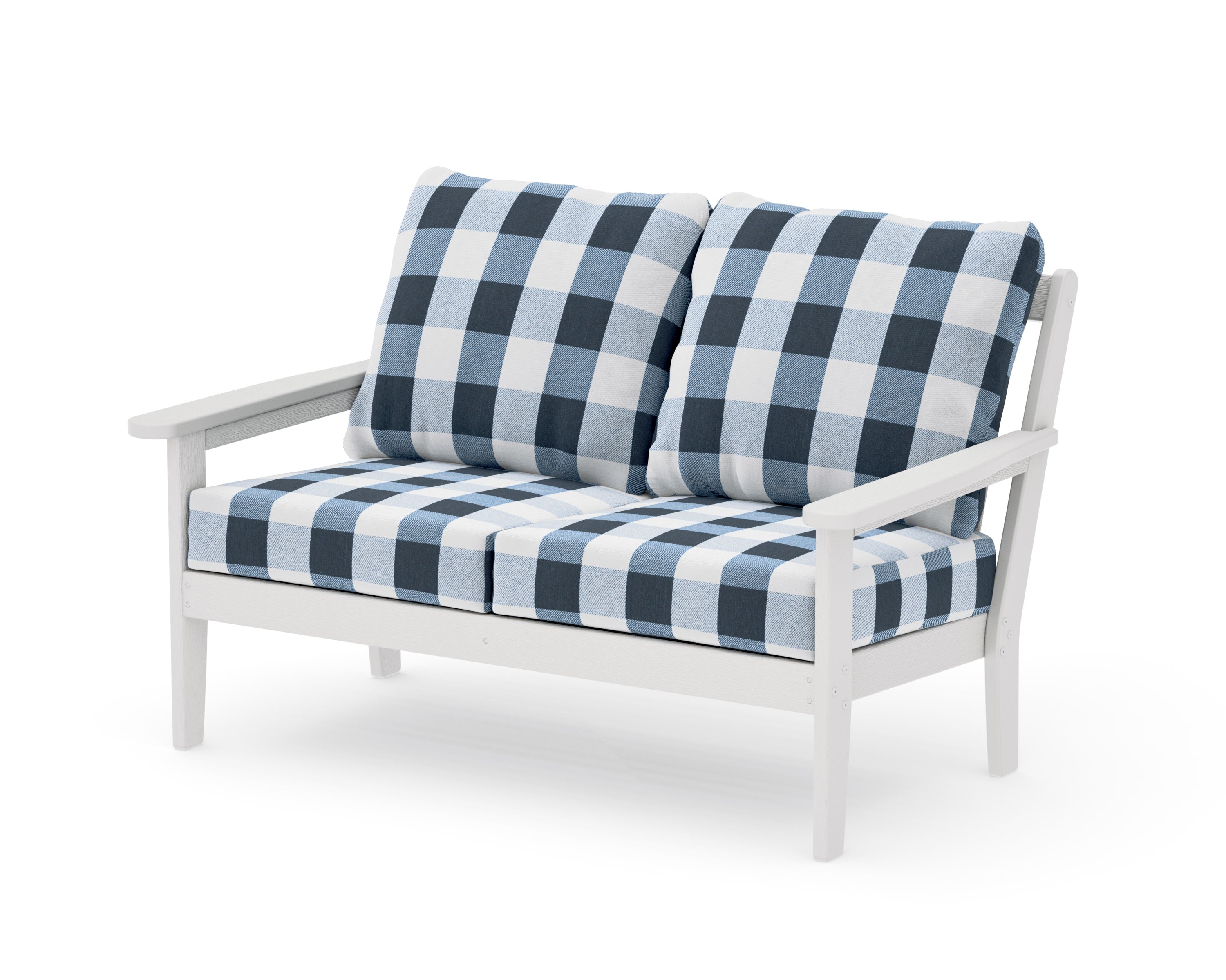 Cottage Deep Seating Loveseat in Vintage White / Buffalo Plaid Marine Indigo